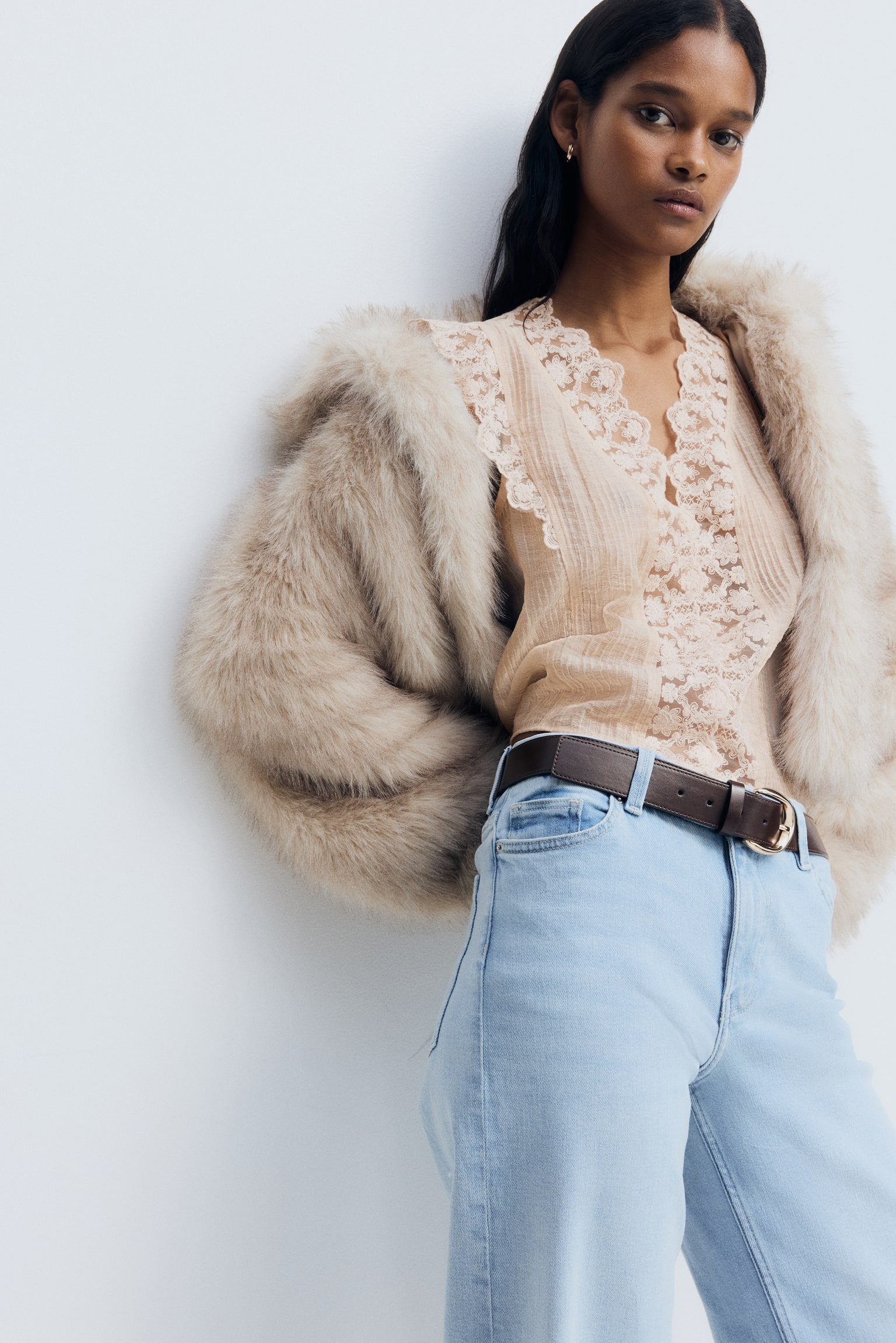 Lace-trimmed vest top - Light beige/Dark grey - 1