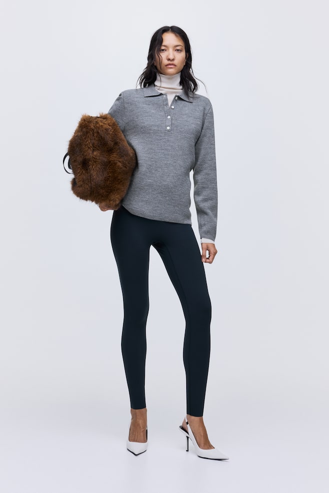 Shoulder-Pad Polo Sweater-Gray melange - 5