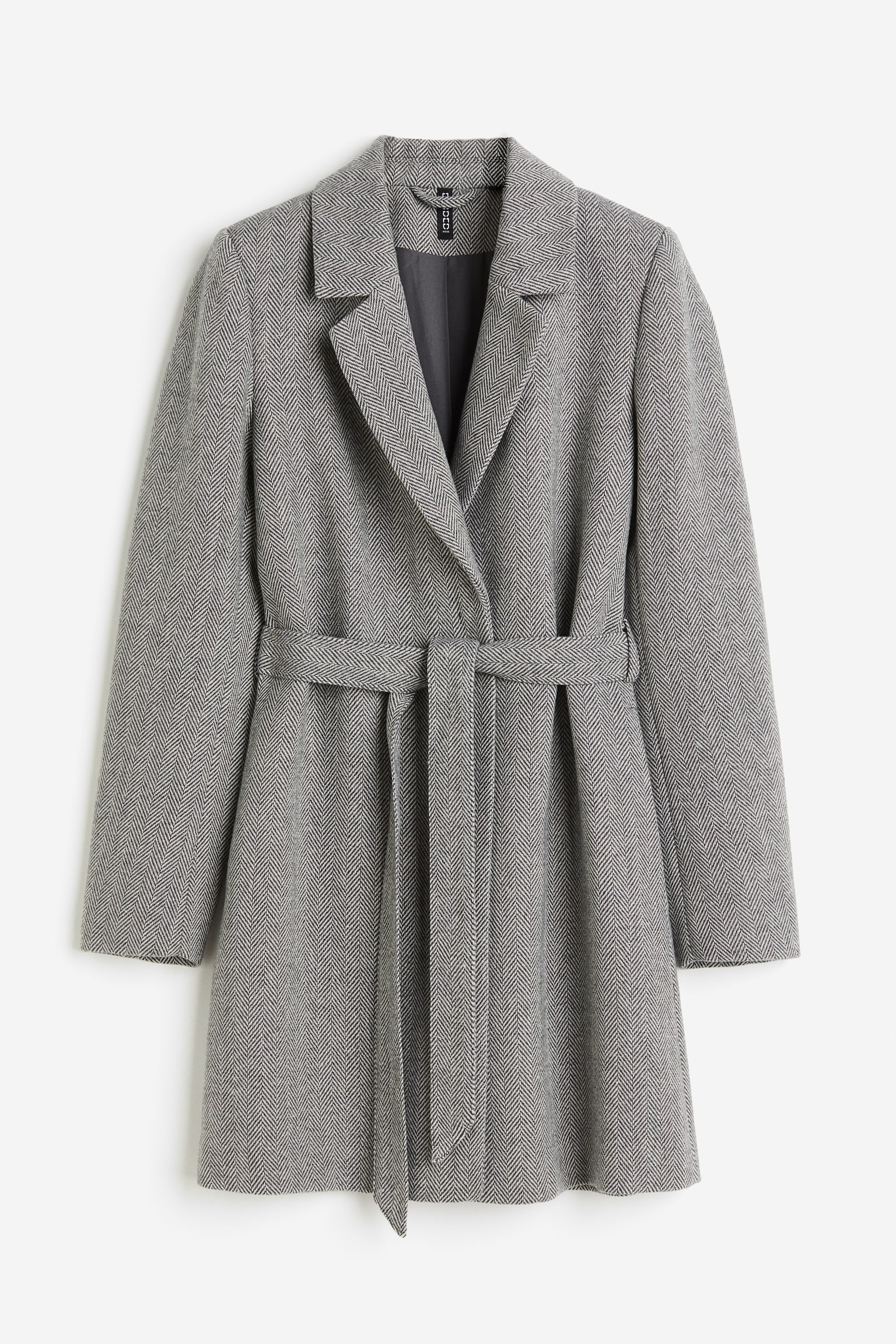 Tie Belt Coat - Grey/Herringbone pattern/Black/Beige - 1