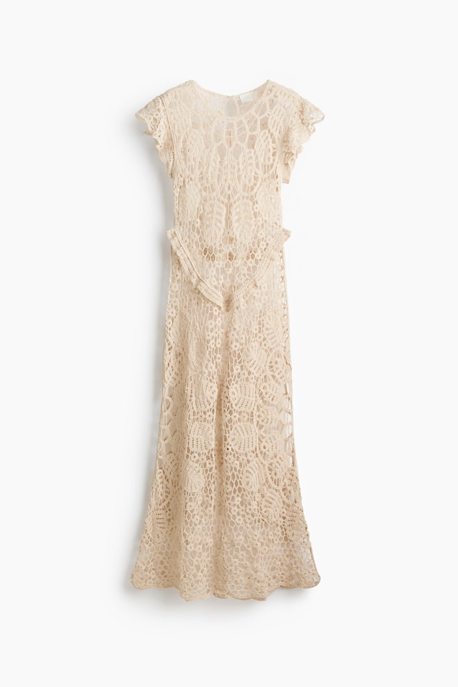 Flutter-Sleeved Crochet-Look Dress - Cream - 1