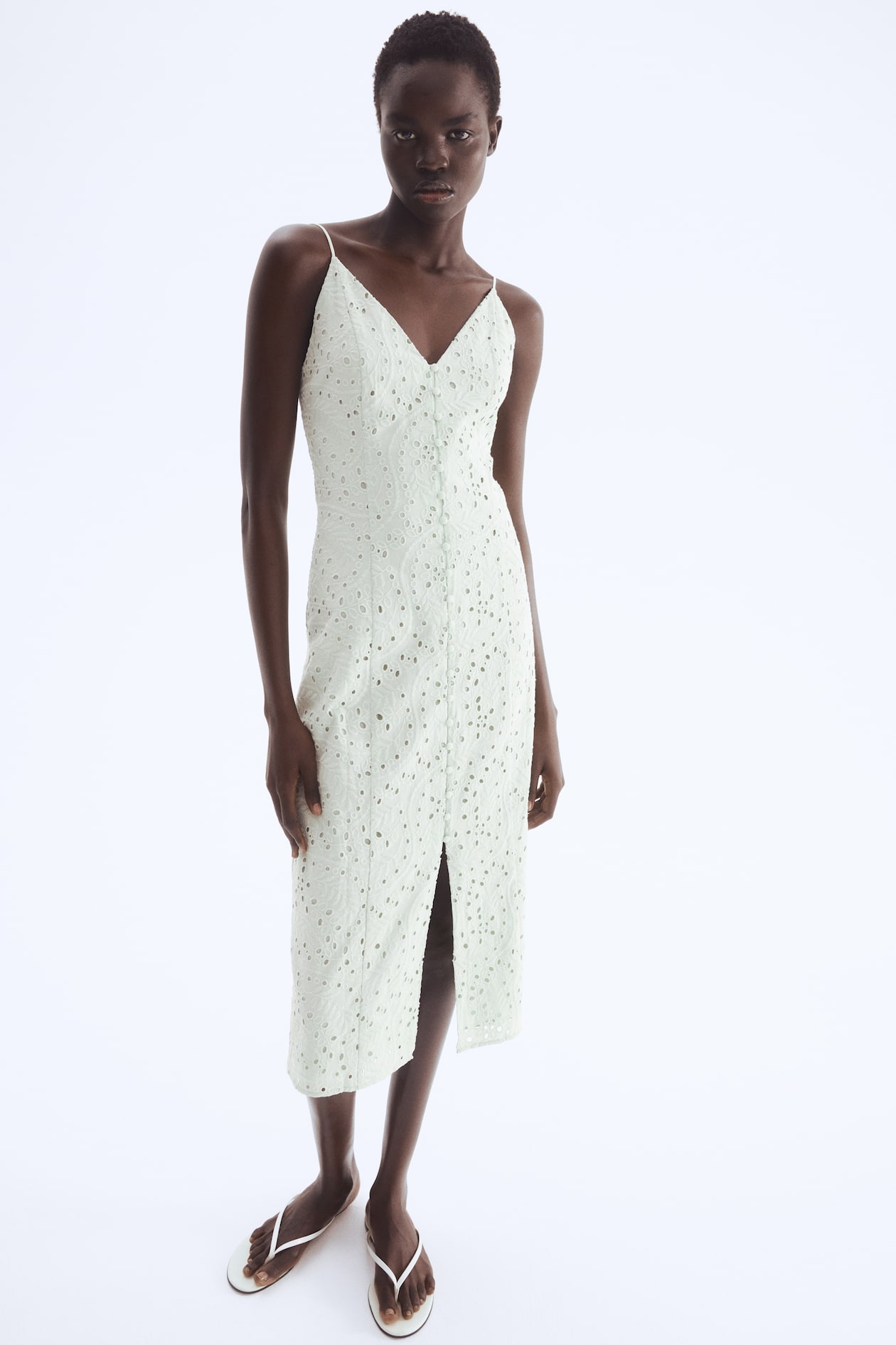 Robe ?� bretelles fines avec broderie anglaise - Vert clair - FEMME | H&M FR
