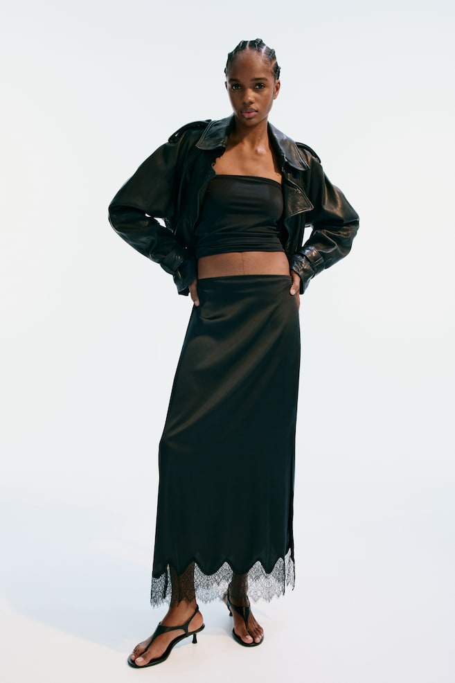 Lace-Trimmed Satin Skirt - Black - 2