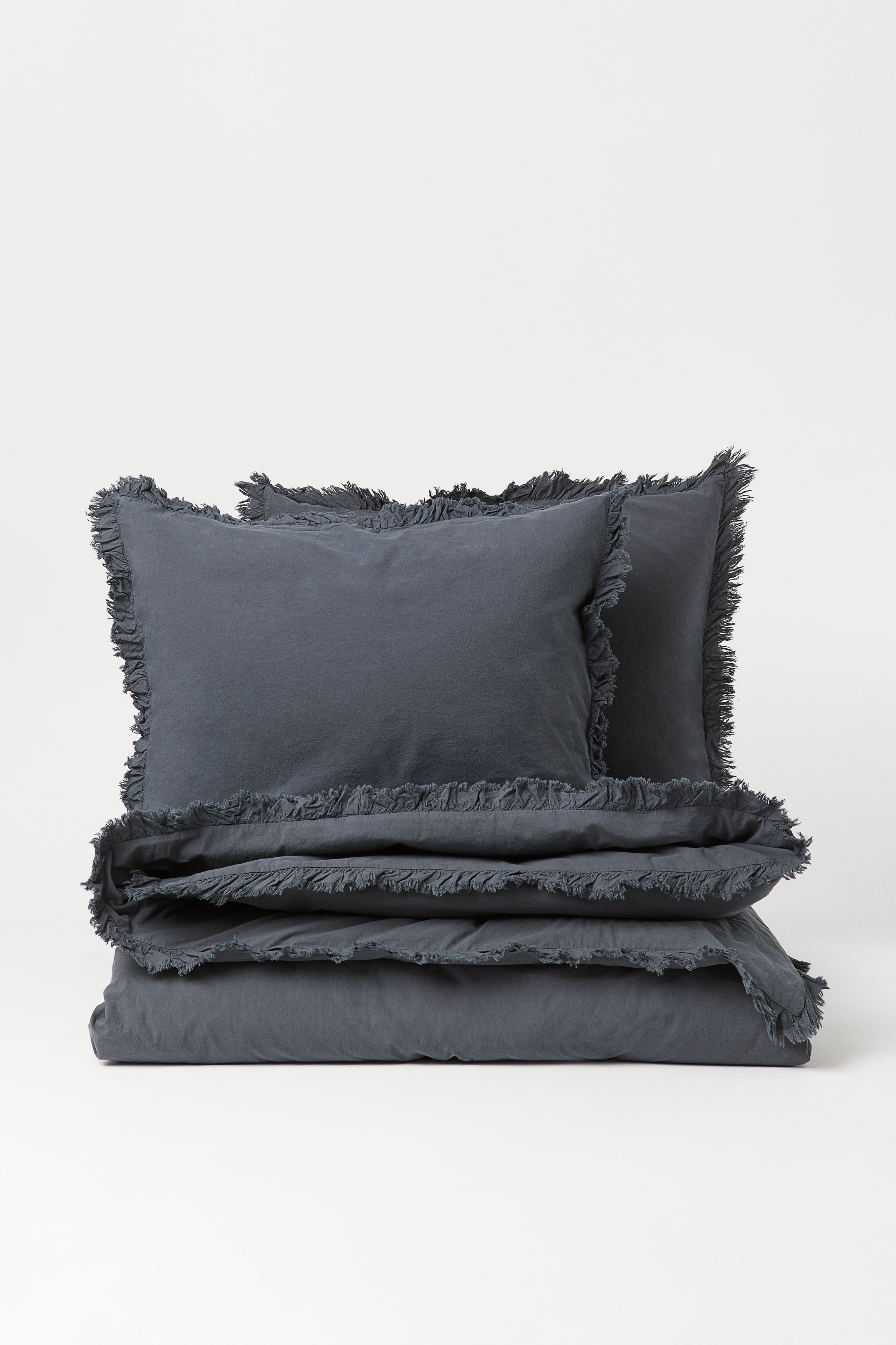 Dark Grey Farmhouse Ruffled Duvet Cover Set – 100% Cotton, 200 Thread Count (Full/Queen & King)