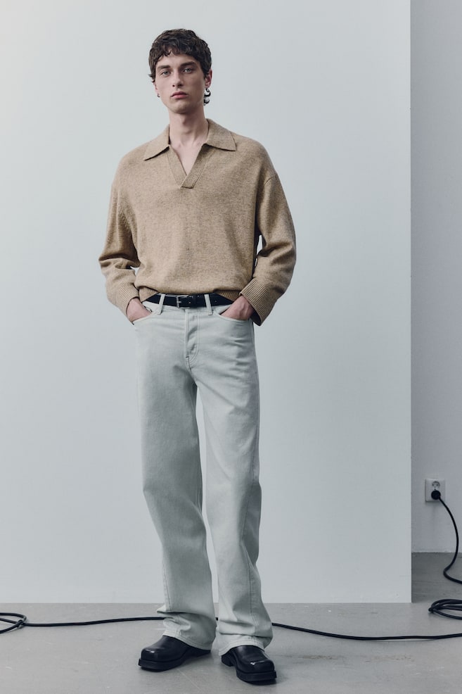 Wool-Blend Polo Sweater - Beige melange/Aqua blue - 2