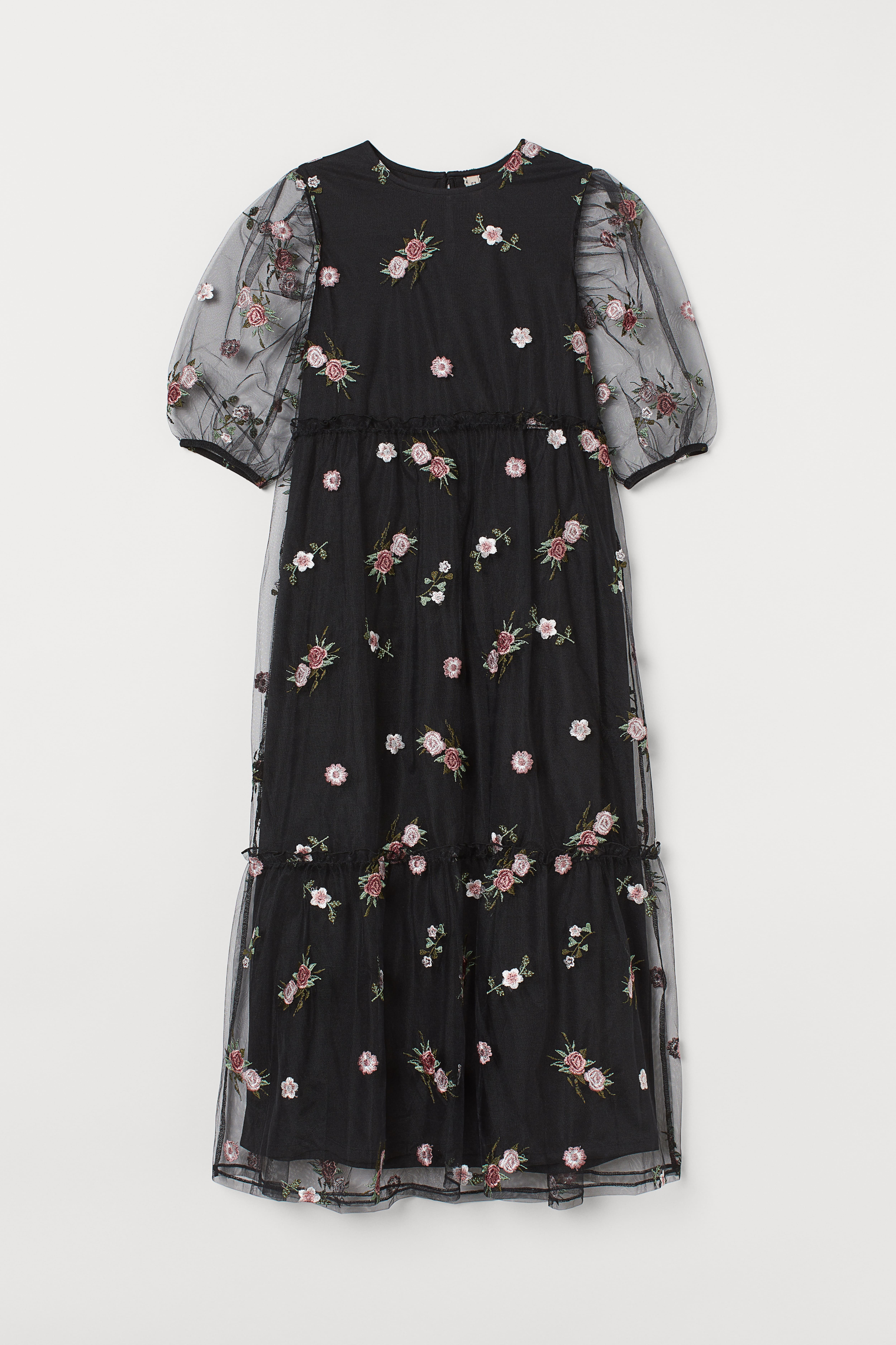 Embroidered Mesh Dress - Round Neck - Short sleeve - Black/flowers - Ladies  | H&M US