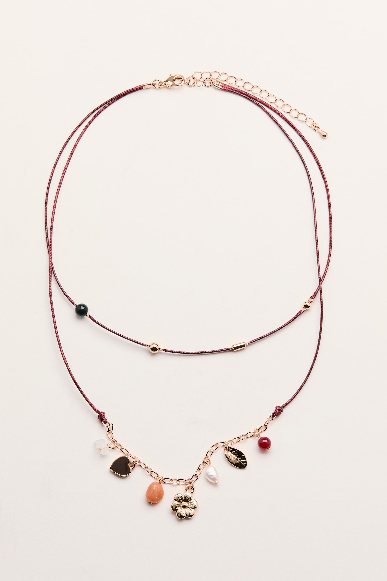 雙股式布繩項鍊 - 酒紅色/金色/深咖啡色 - 2