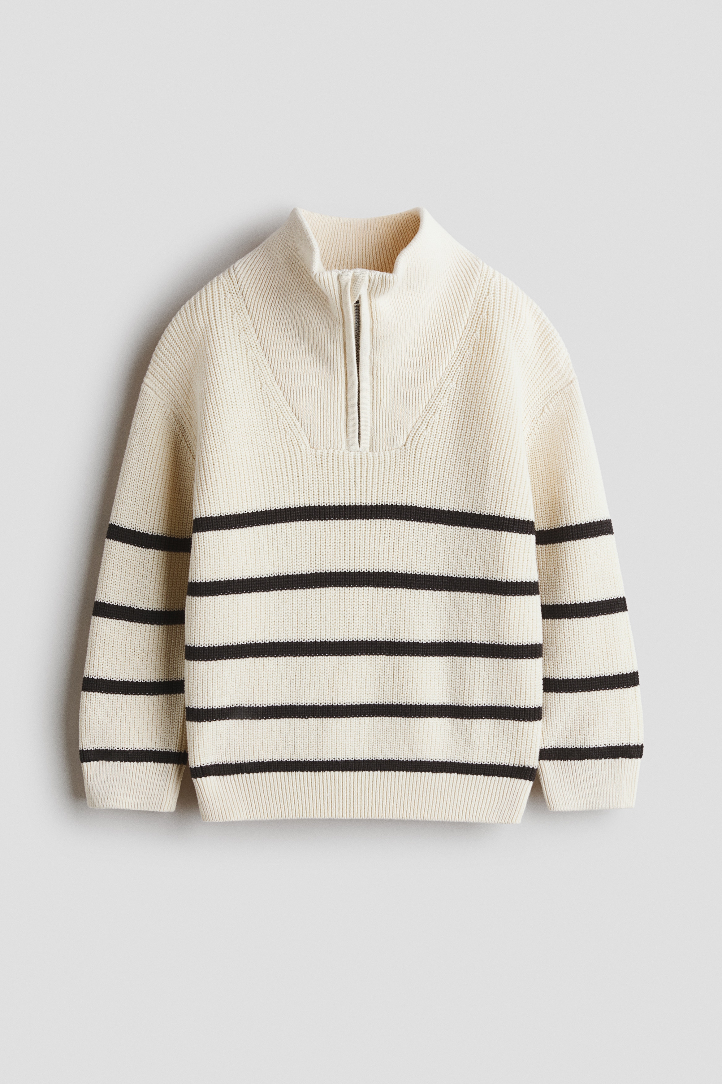 Pullover in cotone con mezza cerniera - Crema/righe