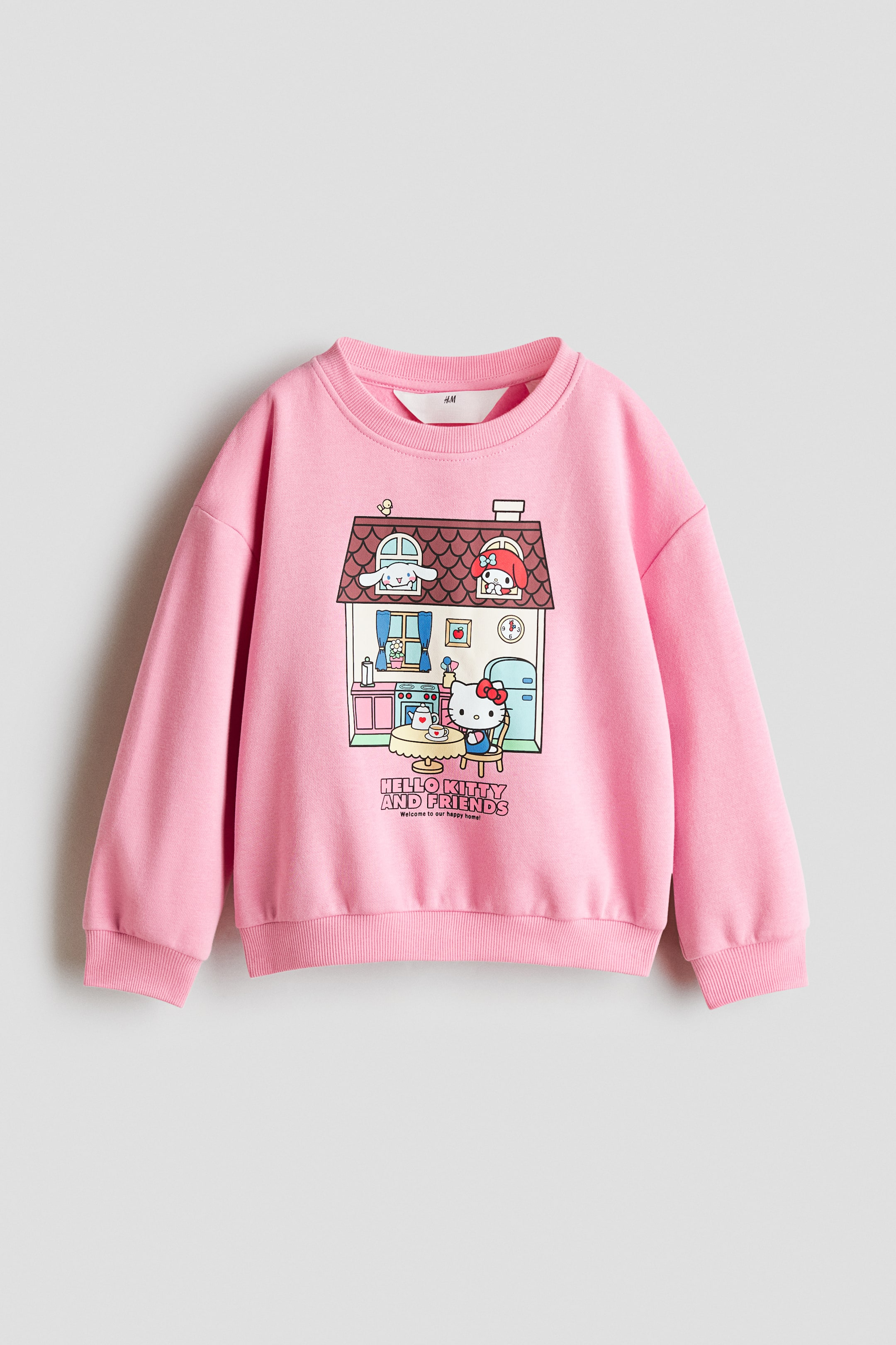 View larger image: A light pink crewneck sweatshirt is shown from the front, featuring a printed graphic of Hello Kitty and Friends inside a house on the chest. The sweatshirt has dropped shoulders, long sleeves, and ribbed trim at the neckline, cuffs, and hem.