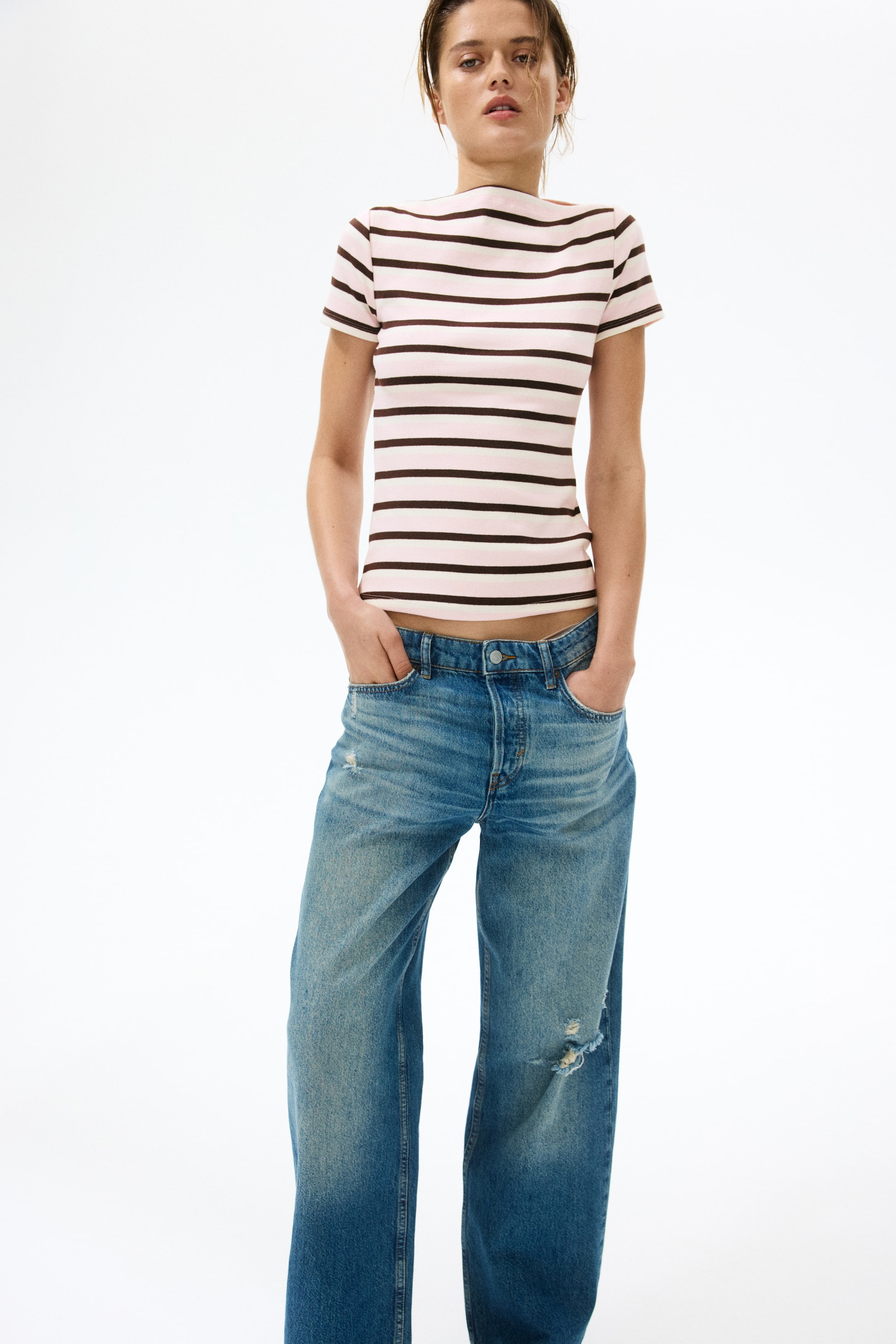 View larger image: Boat-neck cotton top - Light pink/Striped - Ladies | H&M 1