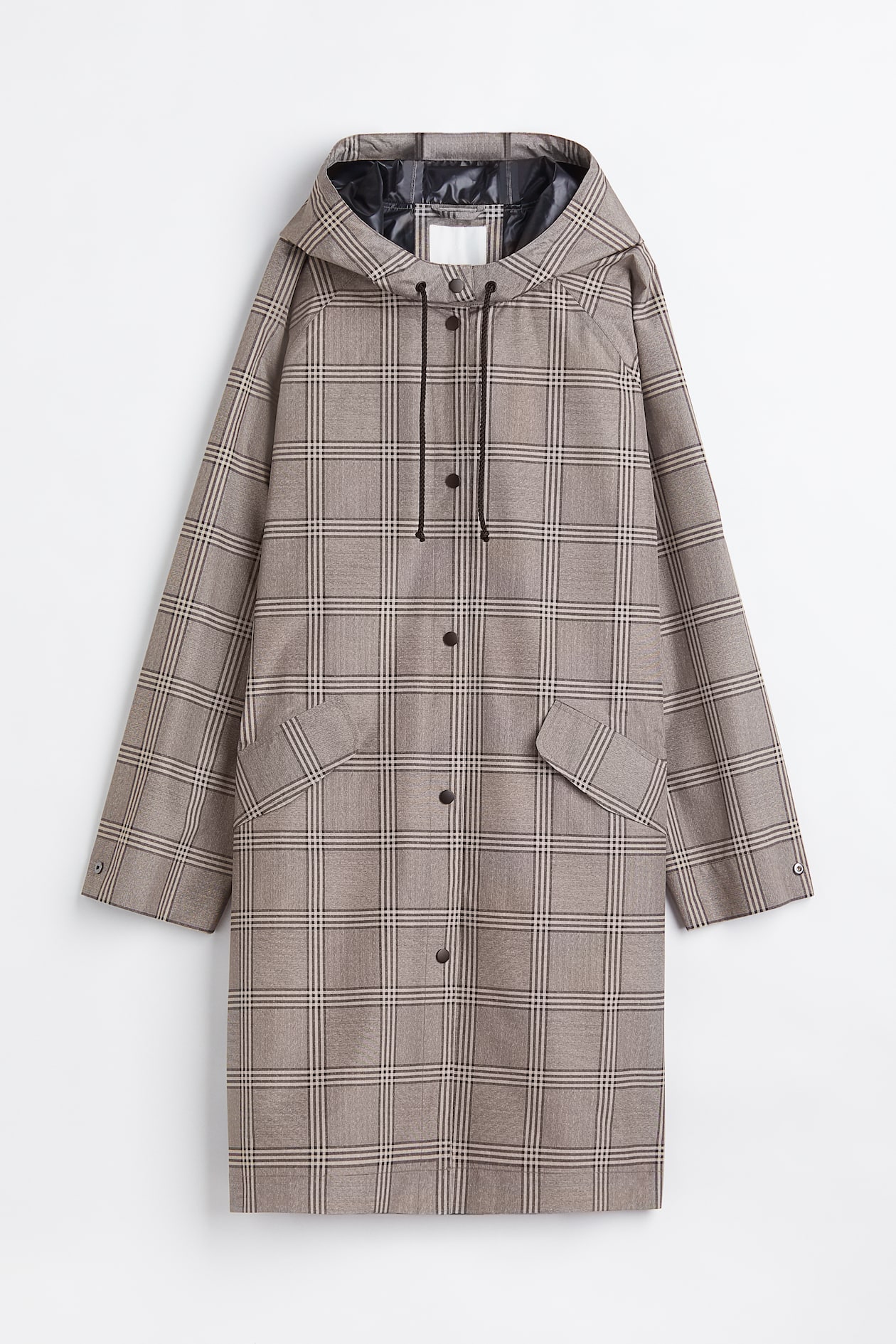 Hooded rain coat - Long sleeve - Regular length - Greige/Checked ...