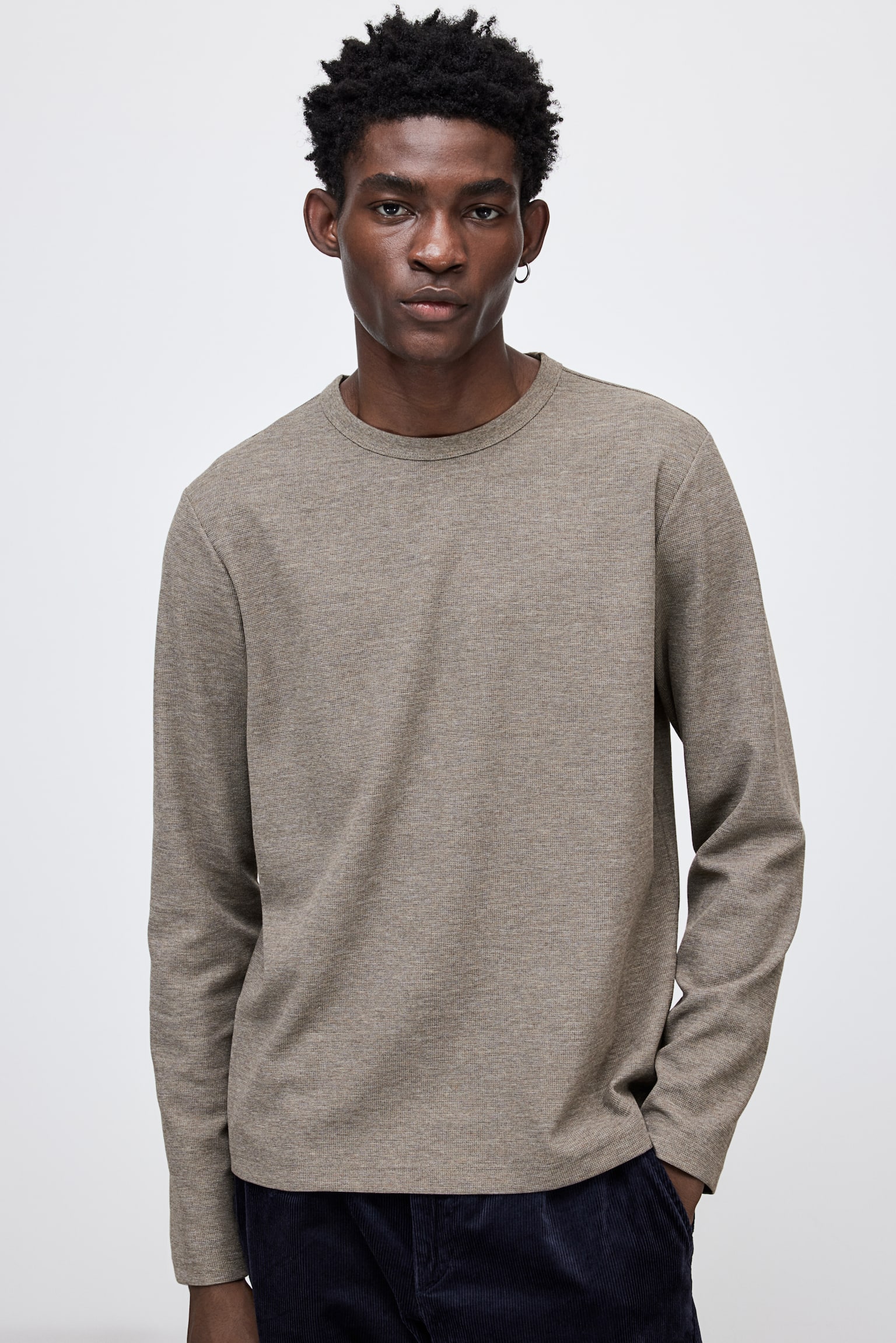 Regular Fit Long-sleeved waffled top - Greige marl/Dark grey marl/Navy blue/Cream - 1