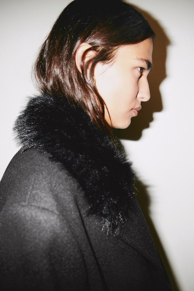 Pea Coat with Fluffy Collar - Black - 5