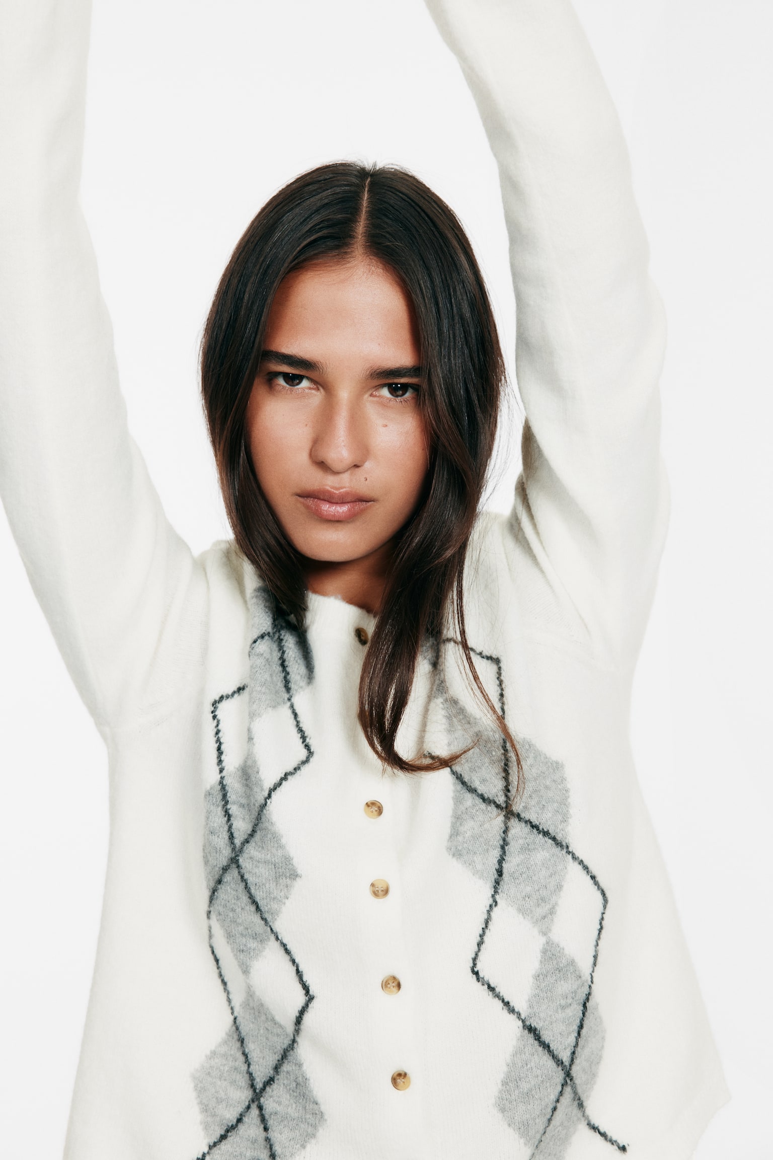 Žakárový pletený sveter - Biela/kosoštvorcový vzor/Sivá melírovaná/kosoštvorce/Modrá/kosoštvorcový vzor/Tmavobéžová/kosoštvorcový vzor - 4