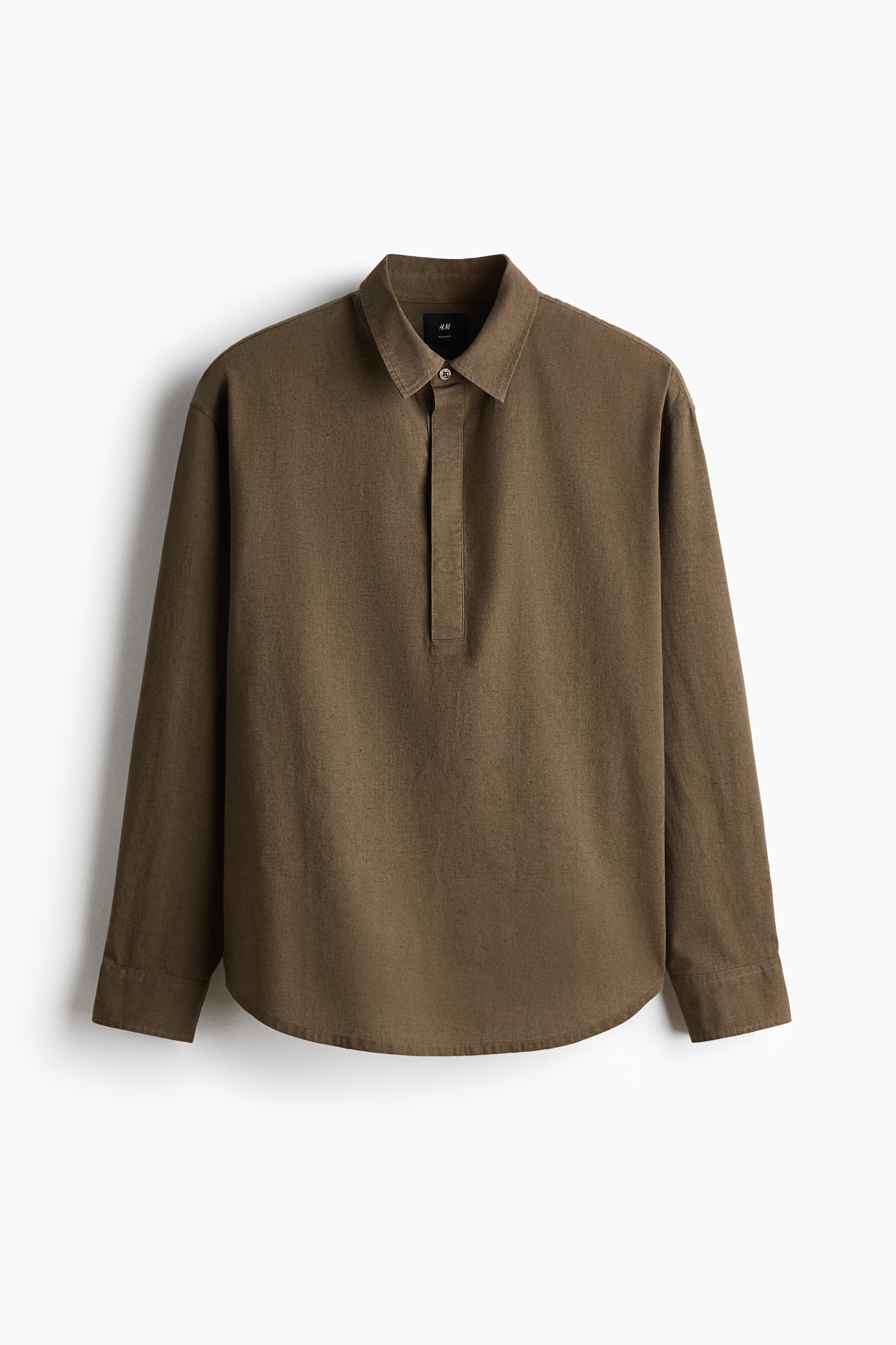 Relaxed Fit Linen-blend popover shirt - Dark khaki green/Dark brown/Cream