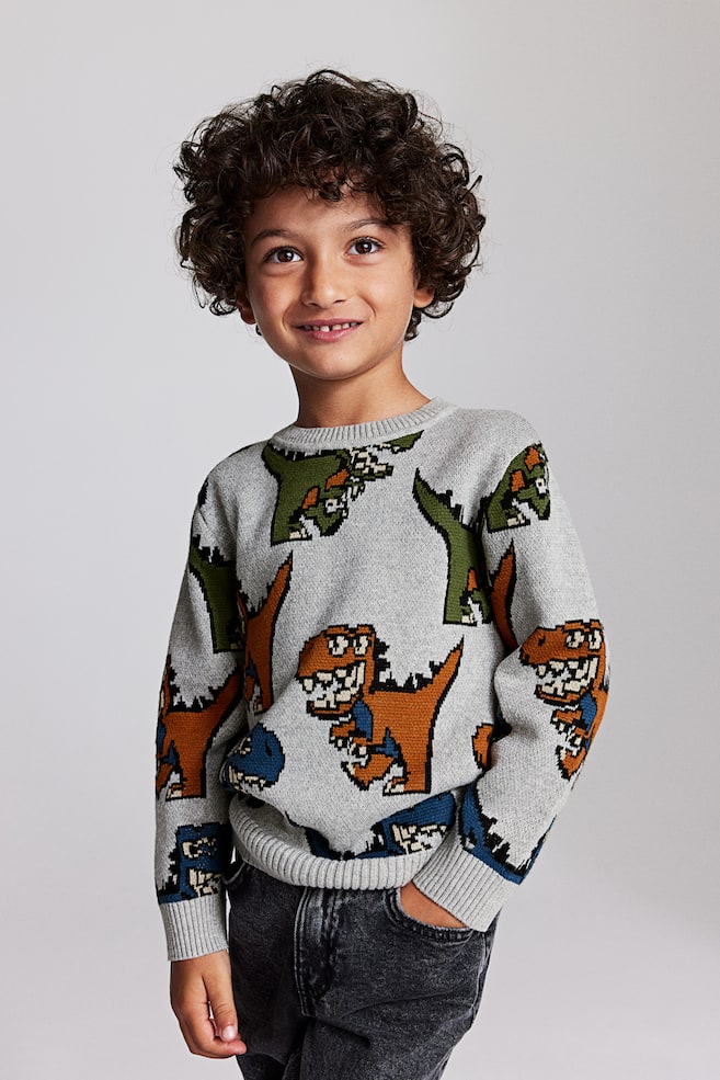 Jacquard-knit jumper - Grey/Dinosaurs/Brown/Fox - 2