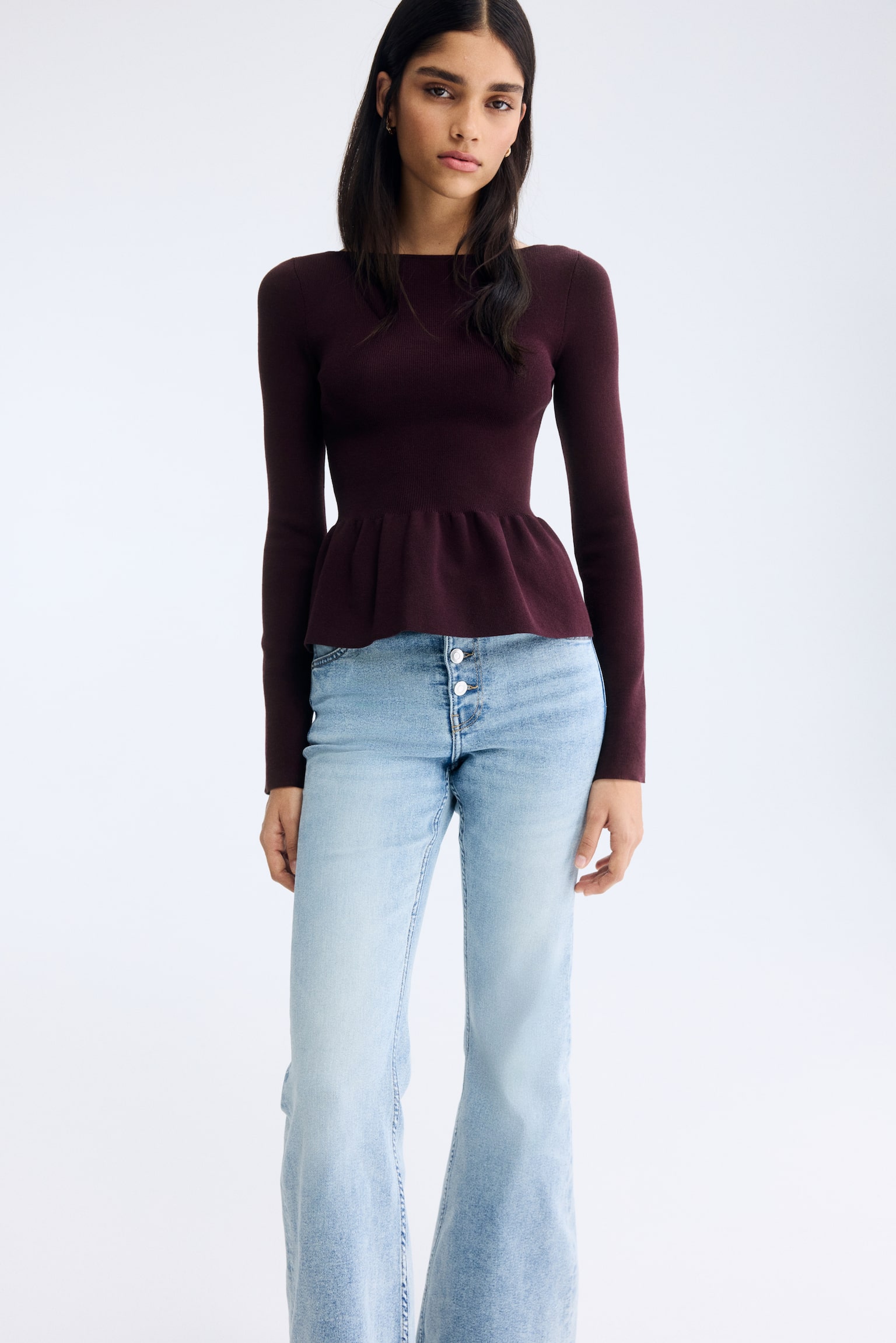 Knitted peplum top - Plum red/Black/Light blue/Cream - 5