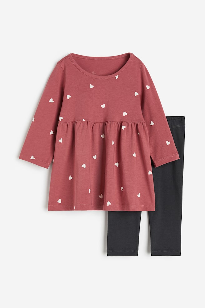 2-piece dress and leggings set - Dark pink/Hearts/Light beige/Hearts - 1
