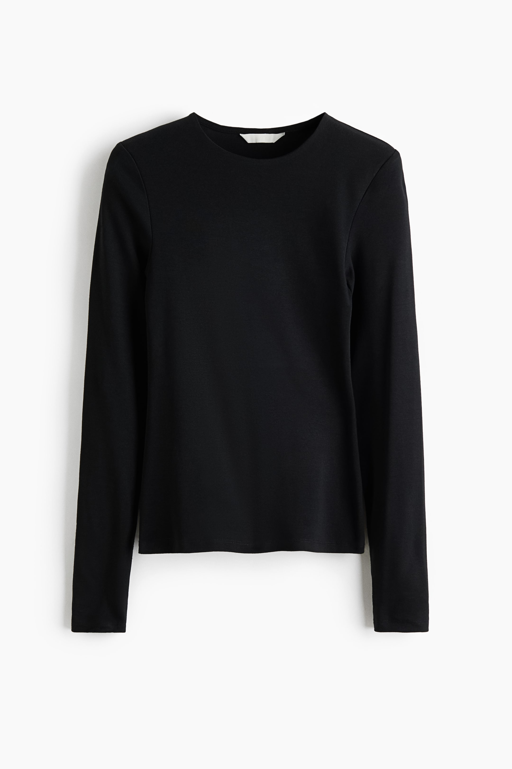 View larger image: A black long-sleeve top is shown from the front with a fitted silhouette, featuring a classic crew neckline, long slim sleeves, and a straight hem.