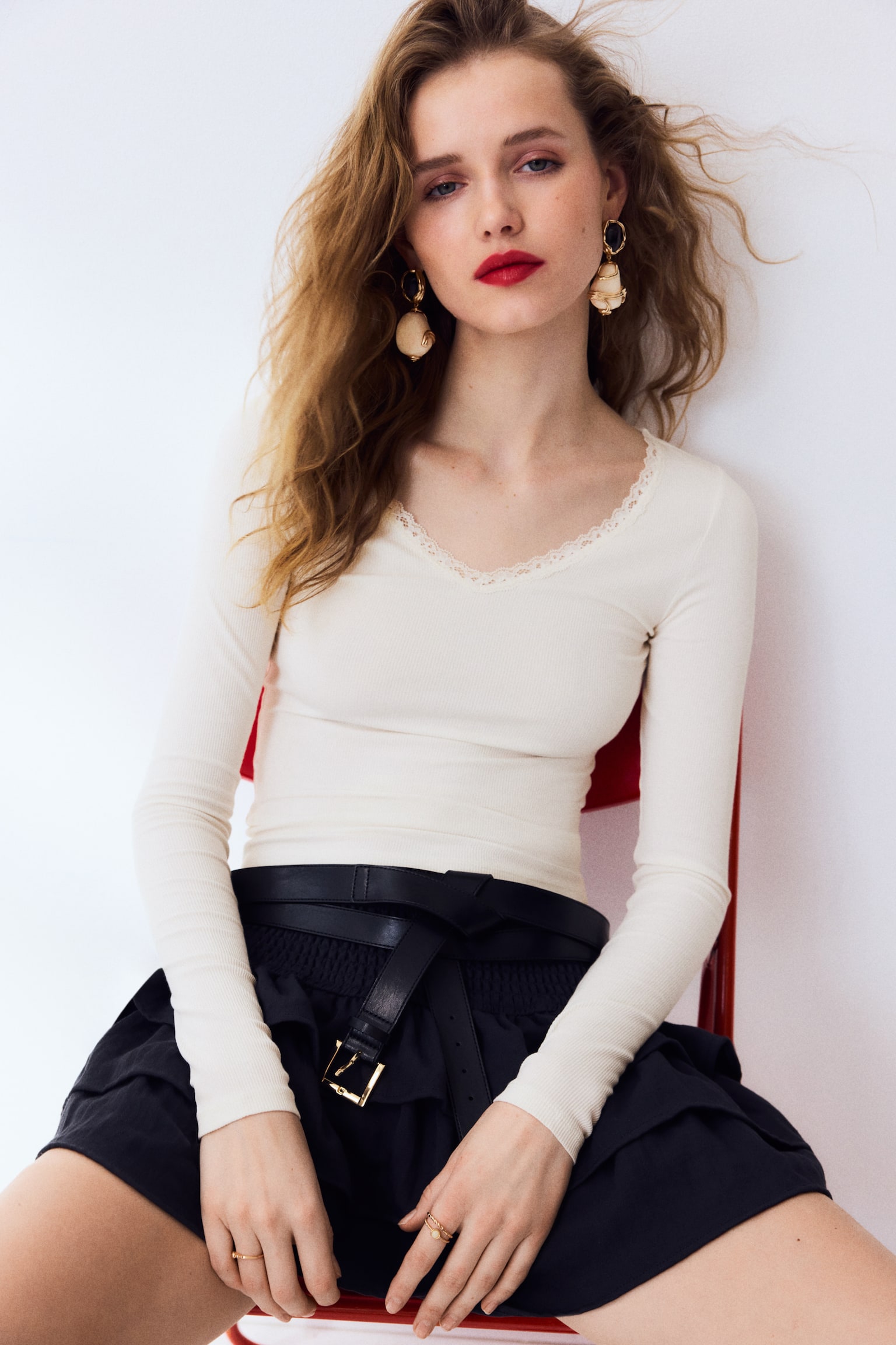 Maglia in jersey con pizzo - Crema/Viola prugna/Grigio chiaro mélange - 2