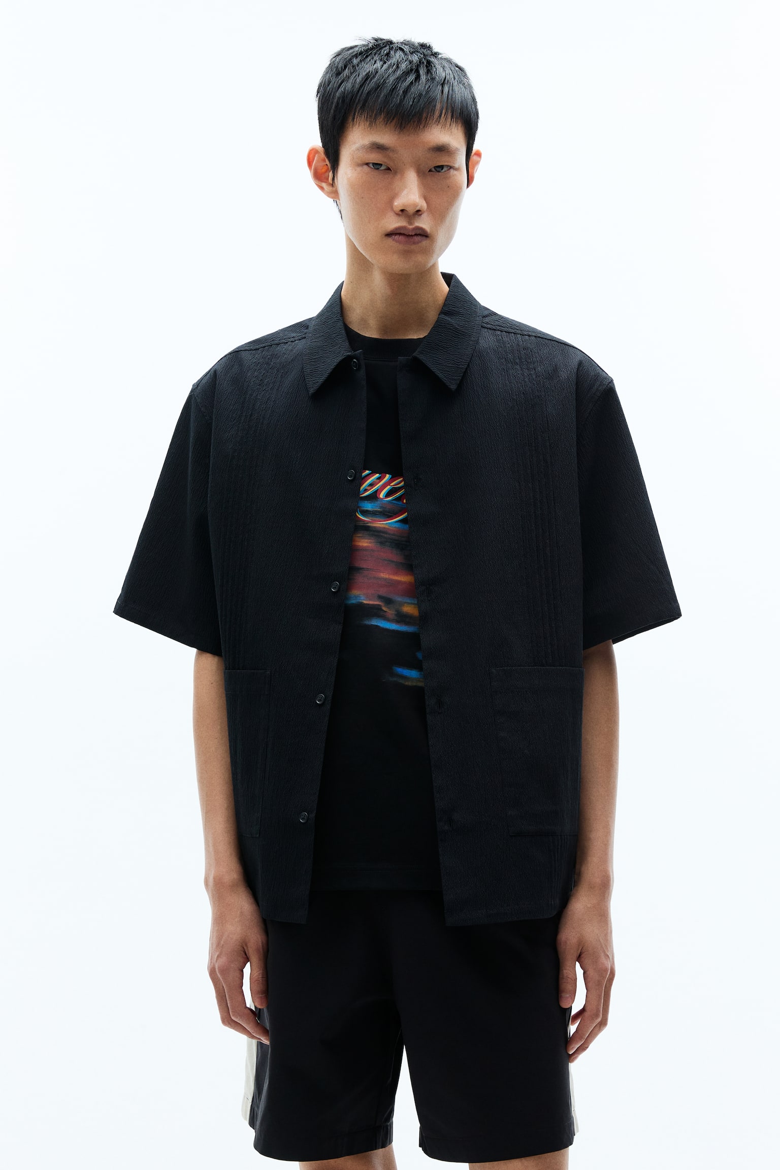 Loose Fit Textured short-sleeved shirt - Black/Cream - 6