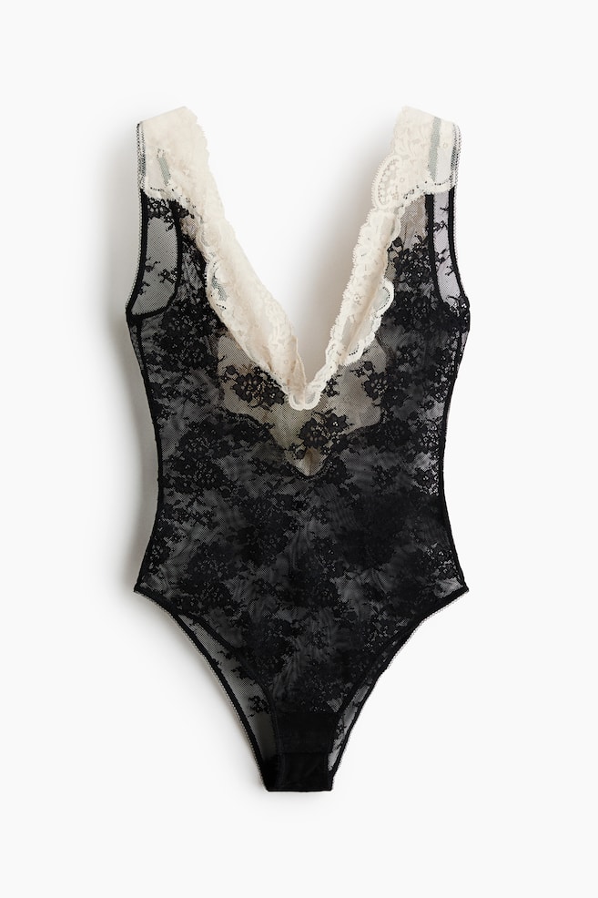 V-neck lace body - Black/Cream/Black/Pale beige - 1