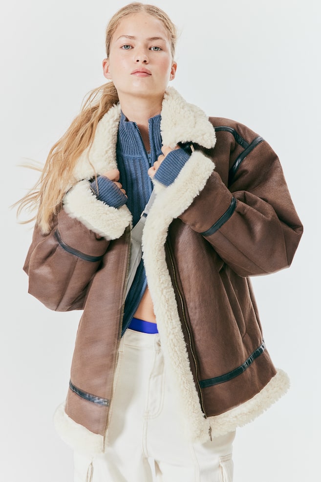Oversized teddy-lined jacket - Brown - 1
