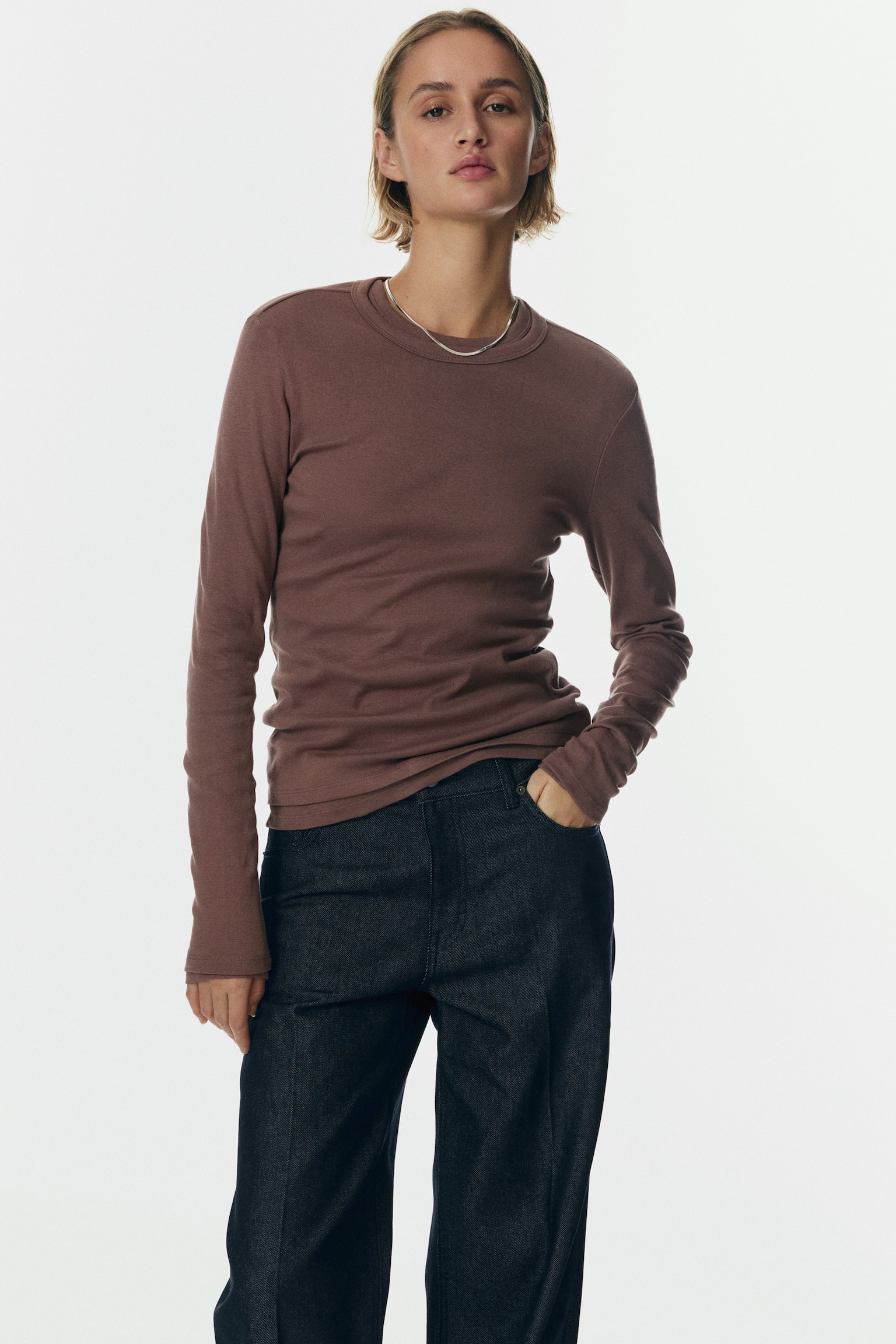 Женский топ H&M Long-sleeved Jersey Top, цвет: Тёмный серо-коричневый — фото 4