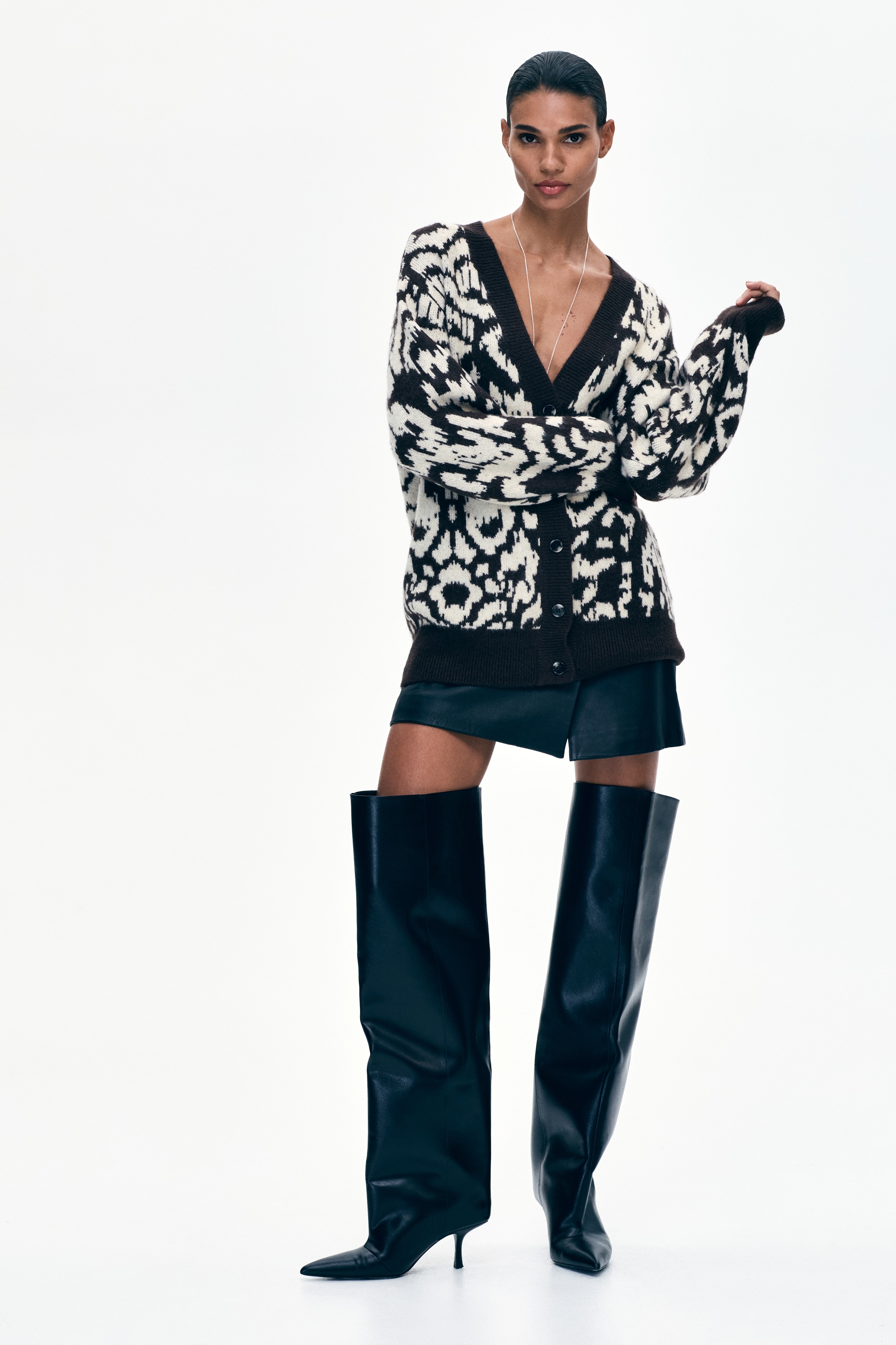 Jacquard Knit Cardigan - Dark brown/Leopard print