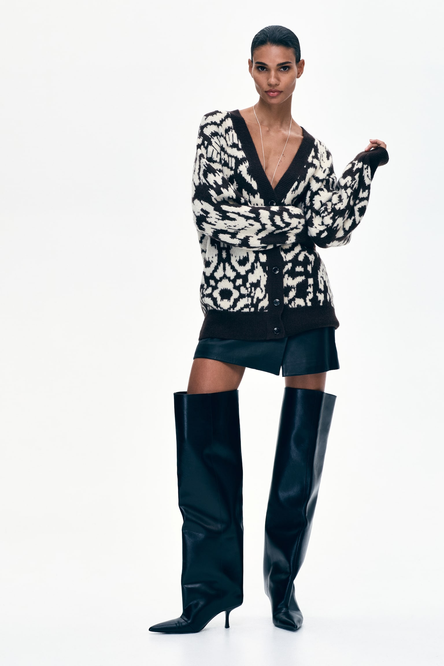 Jacquard Knit Cardigan - Dark brown/Leopard print - 1