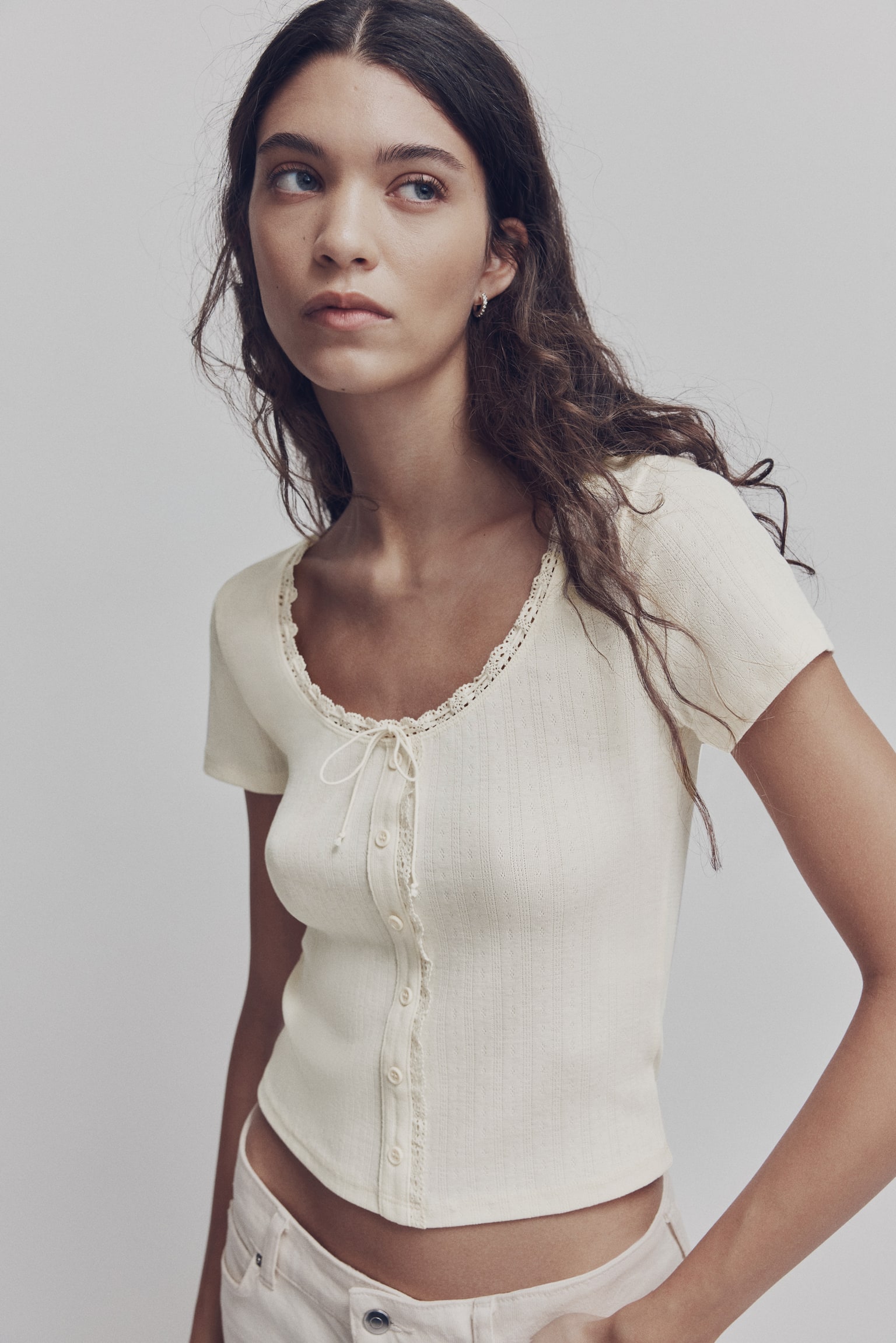 Lace-trimmed top - Cream/Turquoise/Dark grey - 2