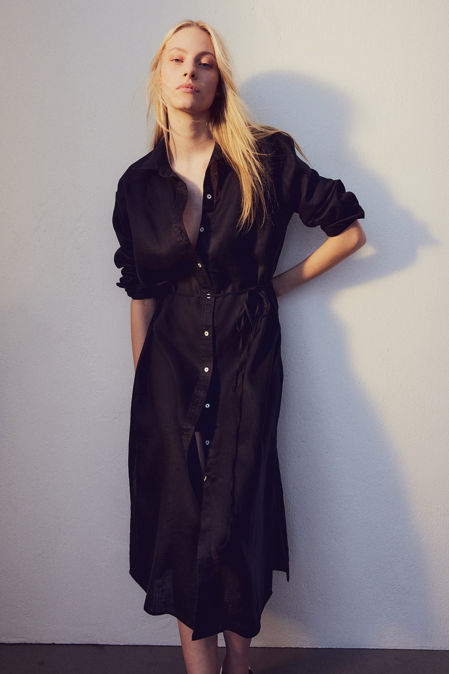 Linen shirt dress - Black/Black/Patterned/Blue - 3