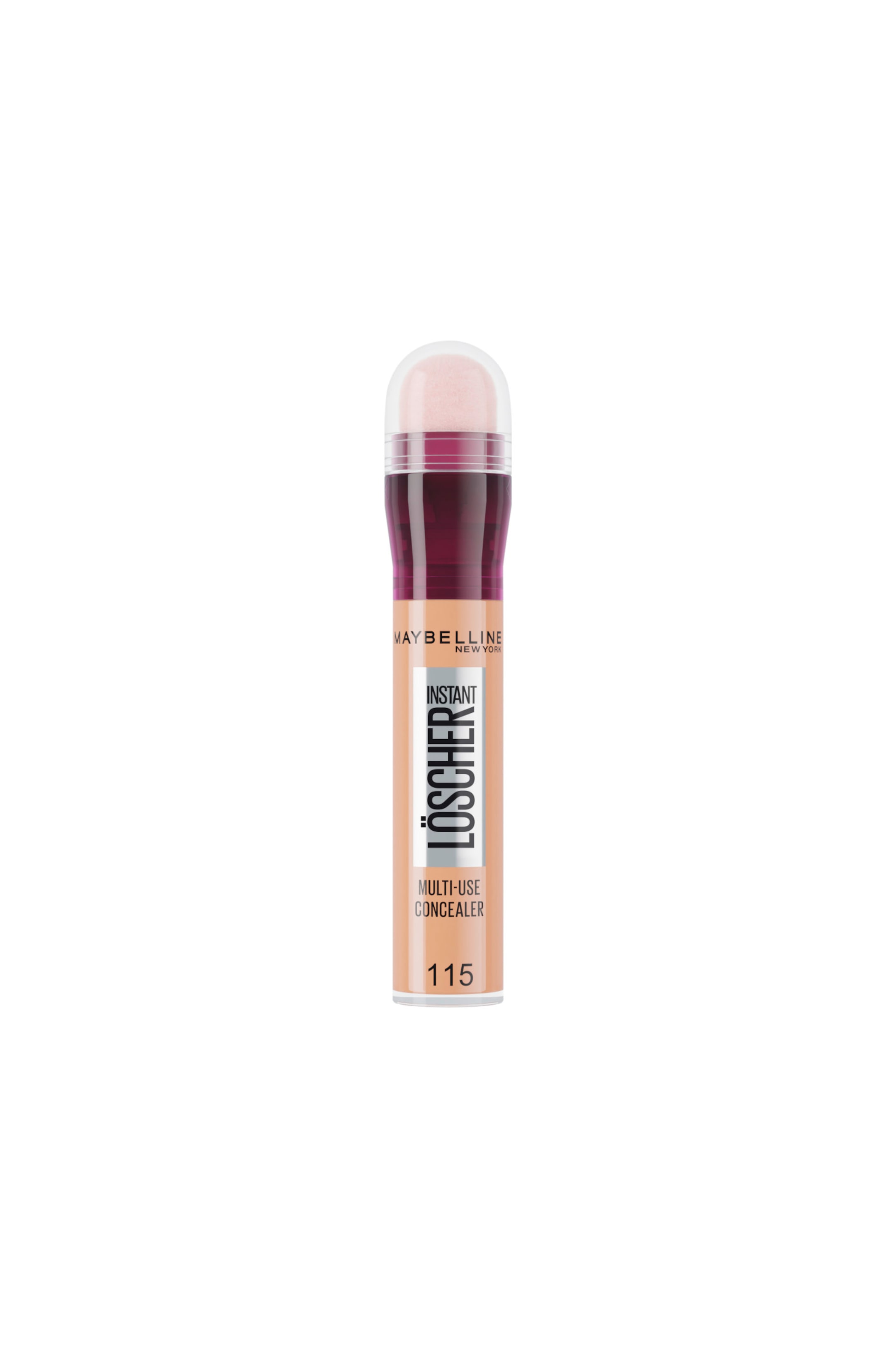 Größeres Bild ansehen: Eine Tube des Maybelline Instant Löscher Multi-Use Concealer steht aufrecht und nach vorne ausgerichtet und zeigt ihr zylindrisches Design, das mit einer hellbeigen Flüssigkeit gefüllt ist. Der Behälter verfügt über einen dunkelmagenta farbenen Kragen unter einer transparenten, abgerundeten Kappe, die einen weichen Schwammapplikator freigibt, während auf der Vorderseite der Produktname und die Farbnummer 115 in schwarzer Schrift zu sehen sind.