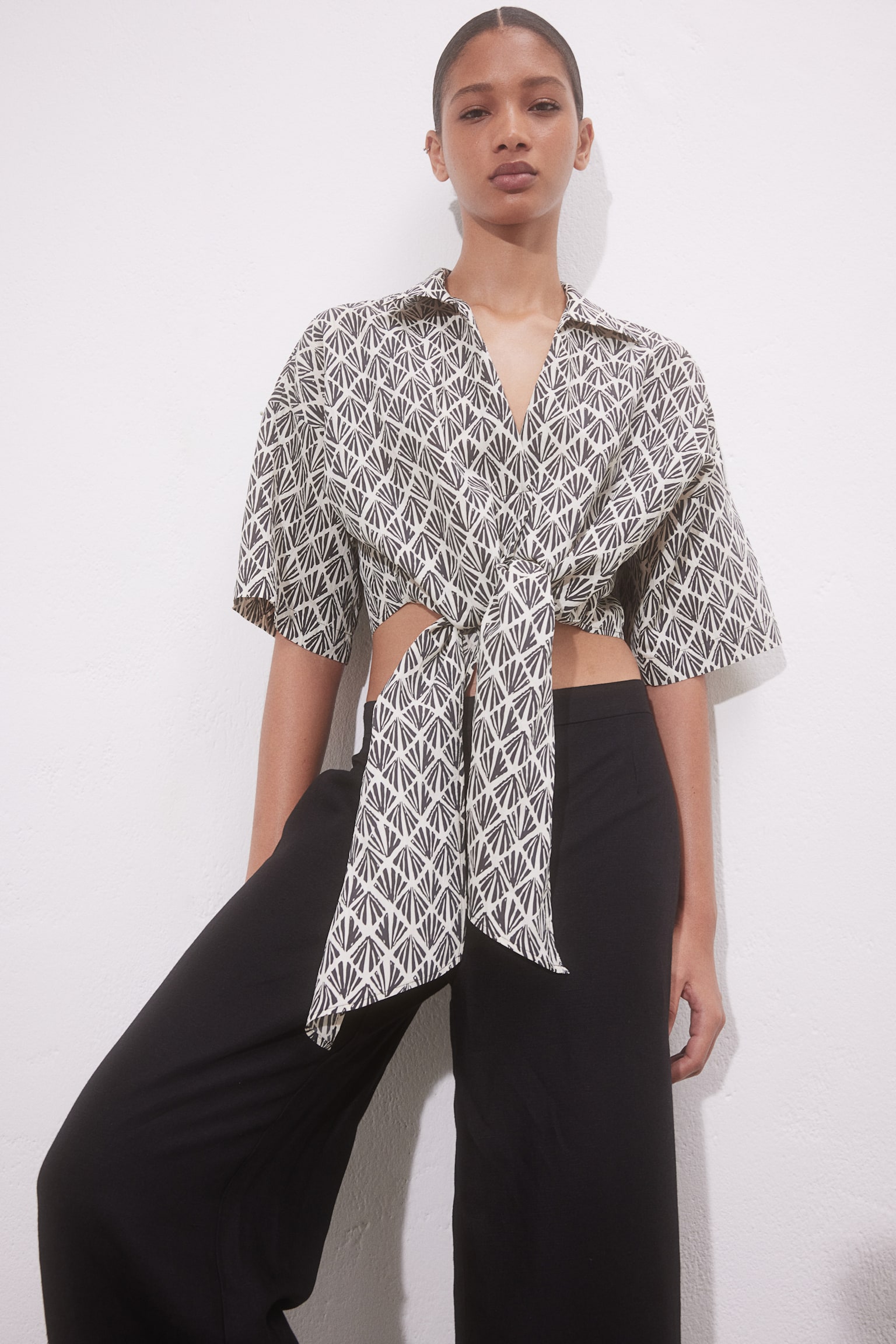 Tie Detail Blouse - Black/Pattern/Cream/Bright blue/White/Palm leaves - 7