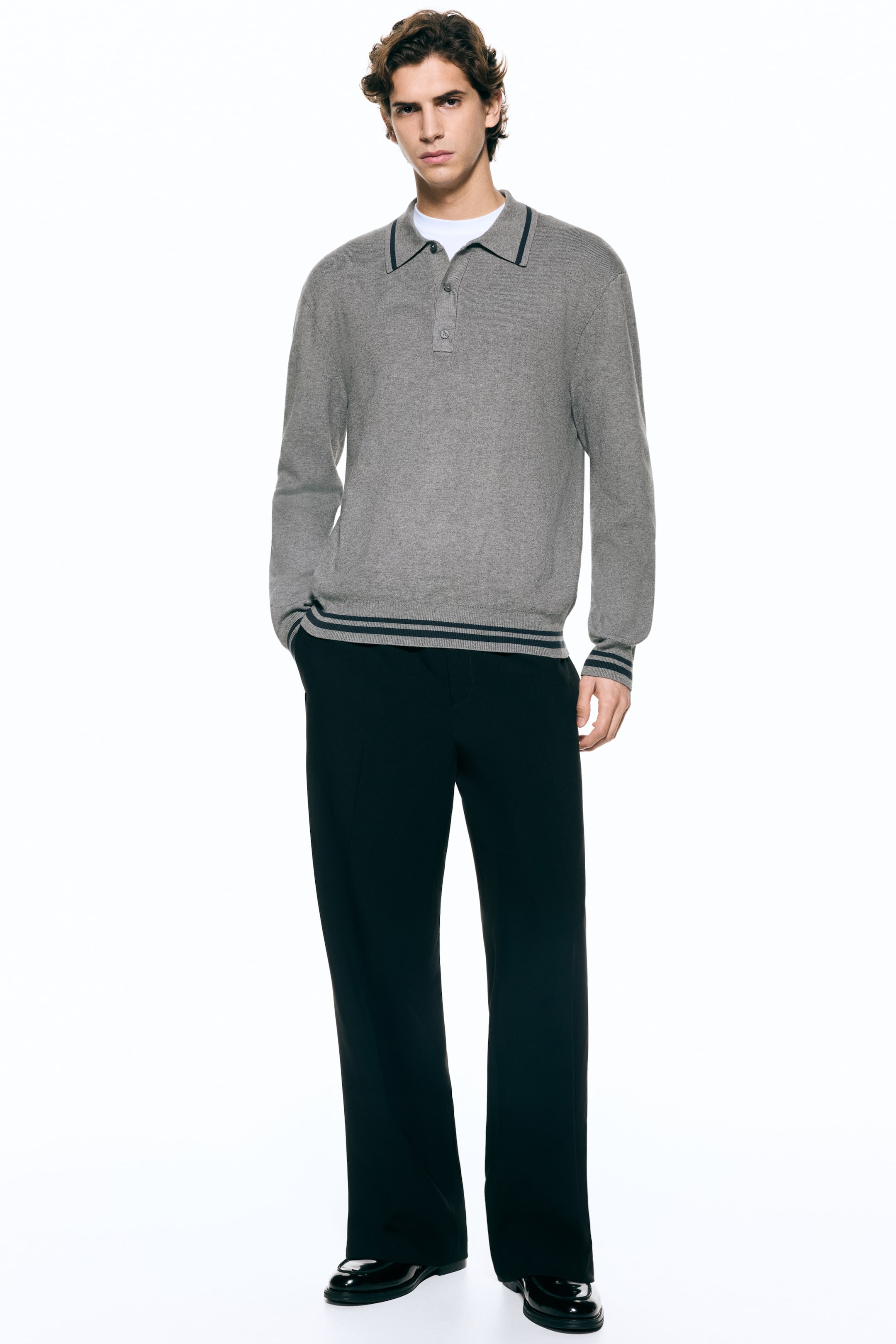 View larger image: Relaxed Fit Long-sleeved Polo shirt - Dark grey/Stripes - Men | H&M IN 3