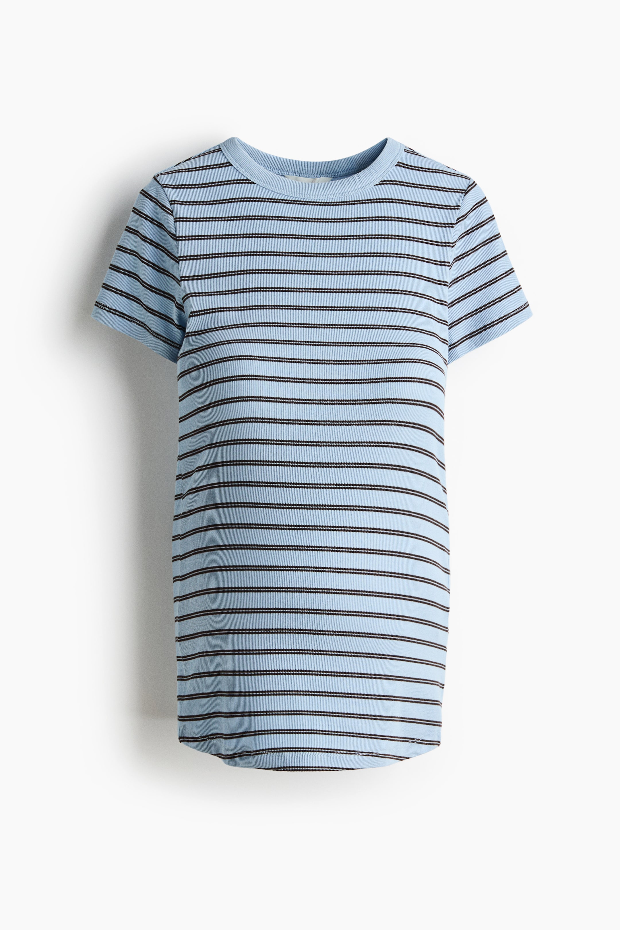 View larger image: A fitted top in light-blue ribbed jersey with black horizontal stripes, a round rib-trimmed neckline and short sleeves, shown from the front.