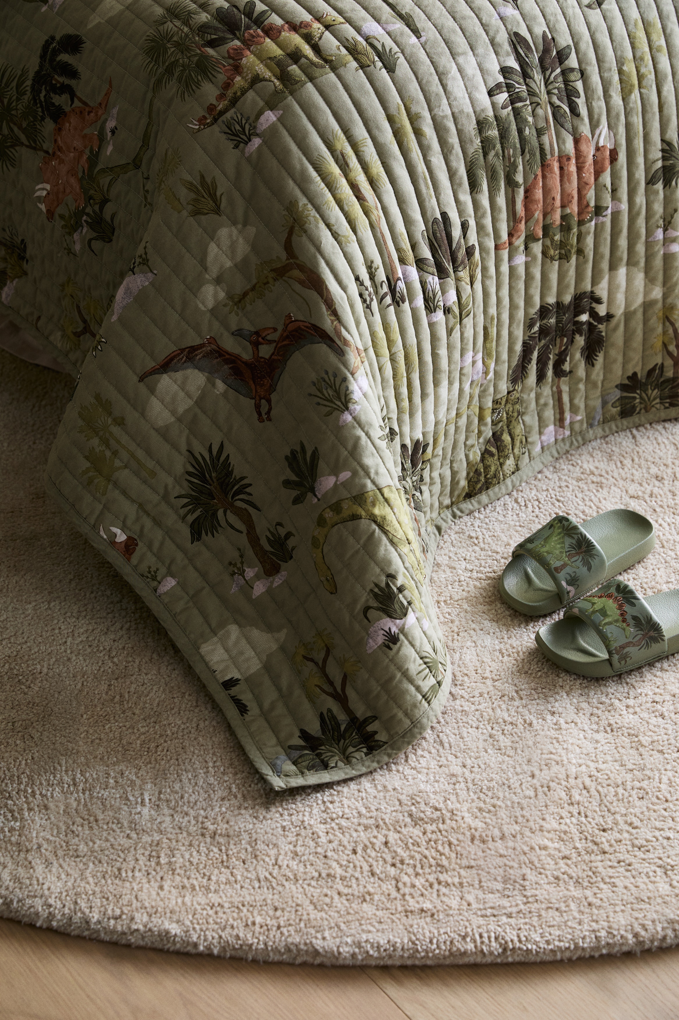 キルティングコットンベッドカバー - グリーン／恐竜