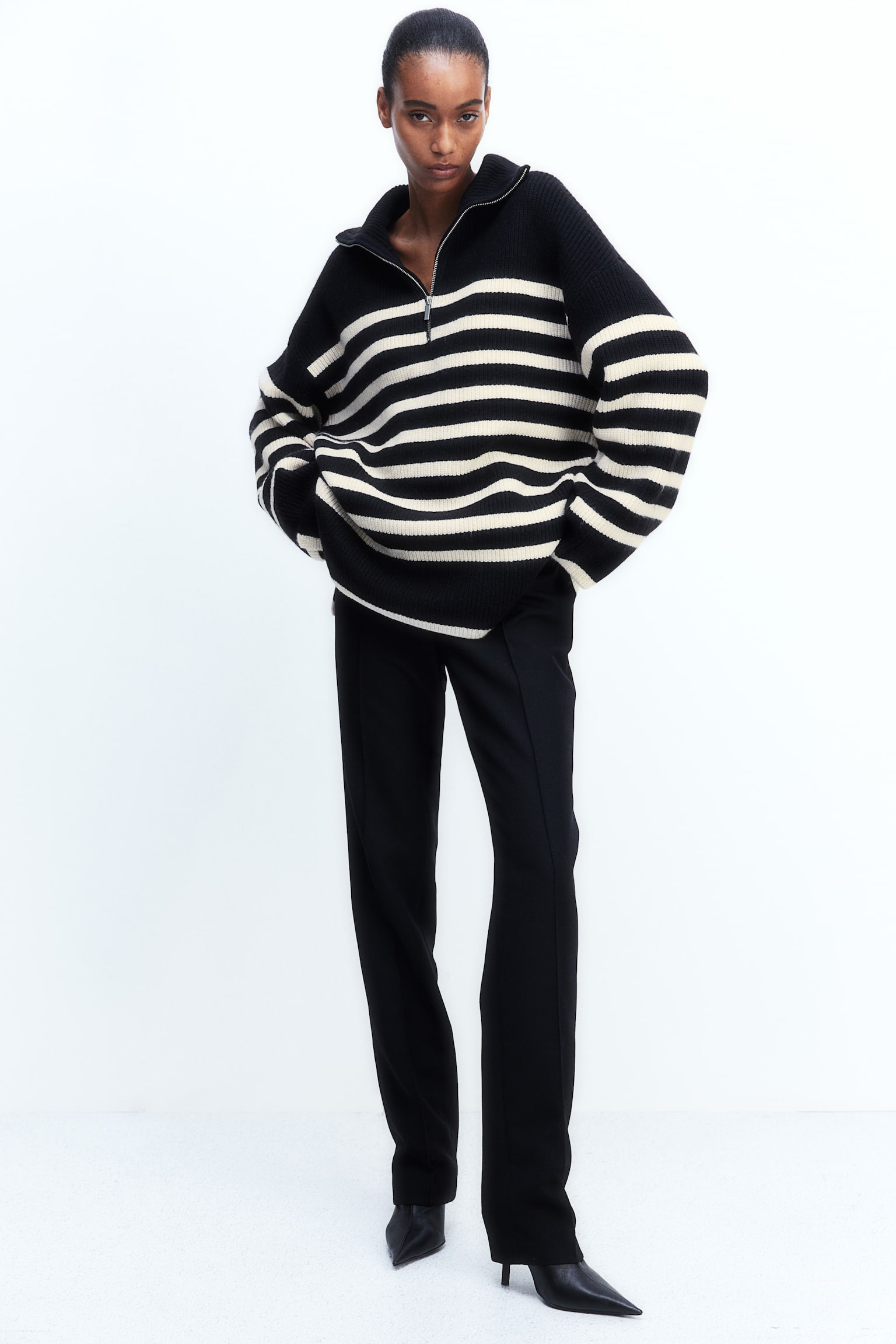 Zip-top rib-knit jumper - Black/Striped/Brown/Pigeon blue/Light beige marl/Grey marl/Navy blue - 6