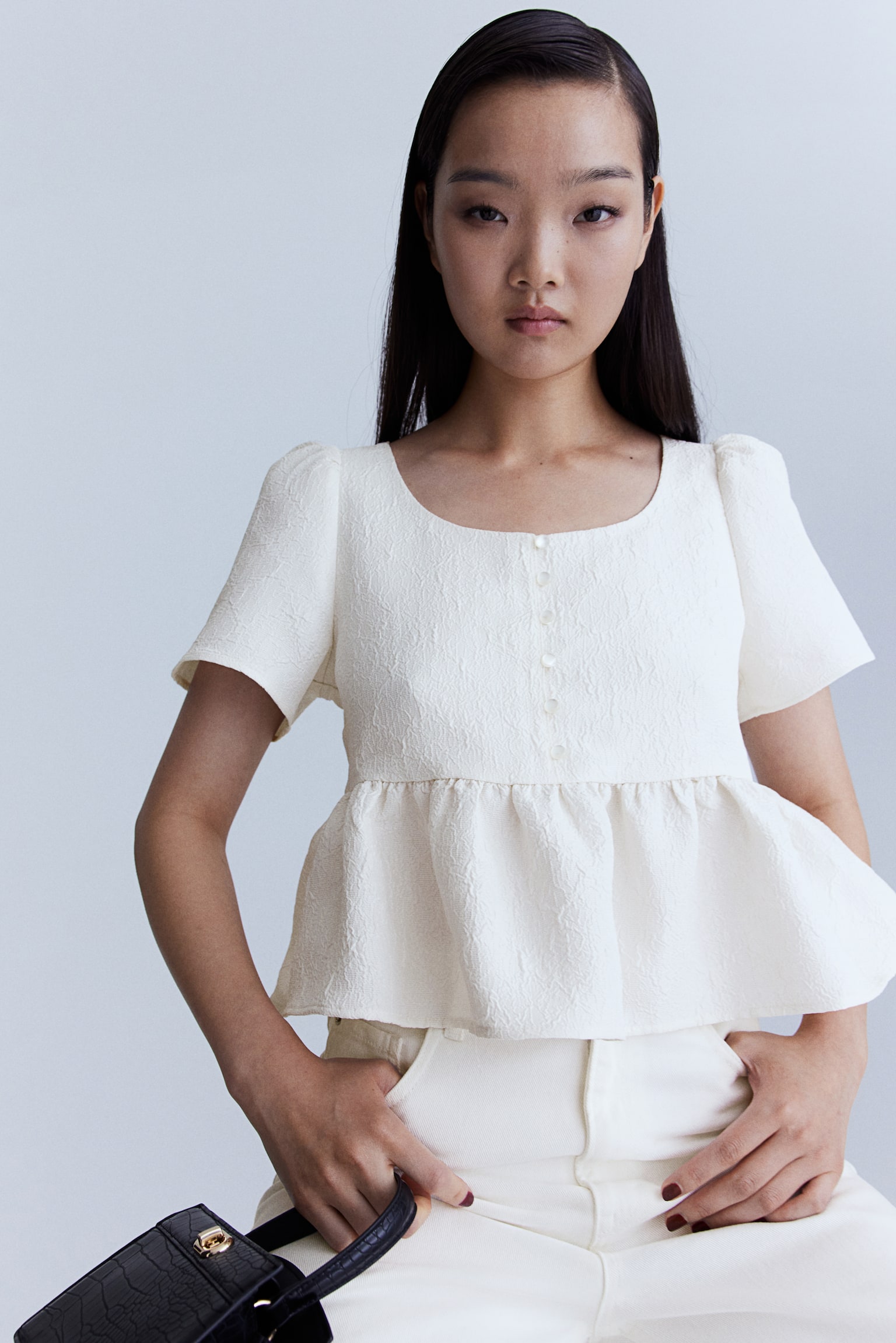 Peplum brocade blouse - Cream/Black - 1