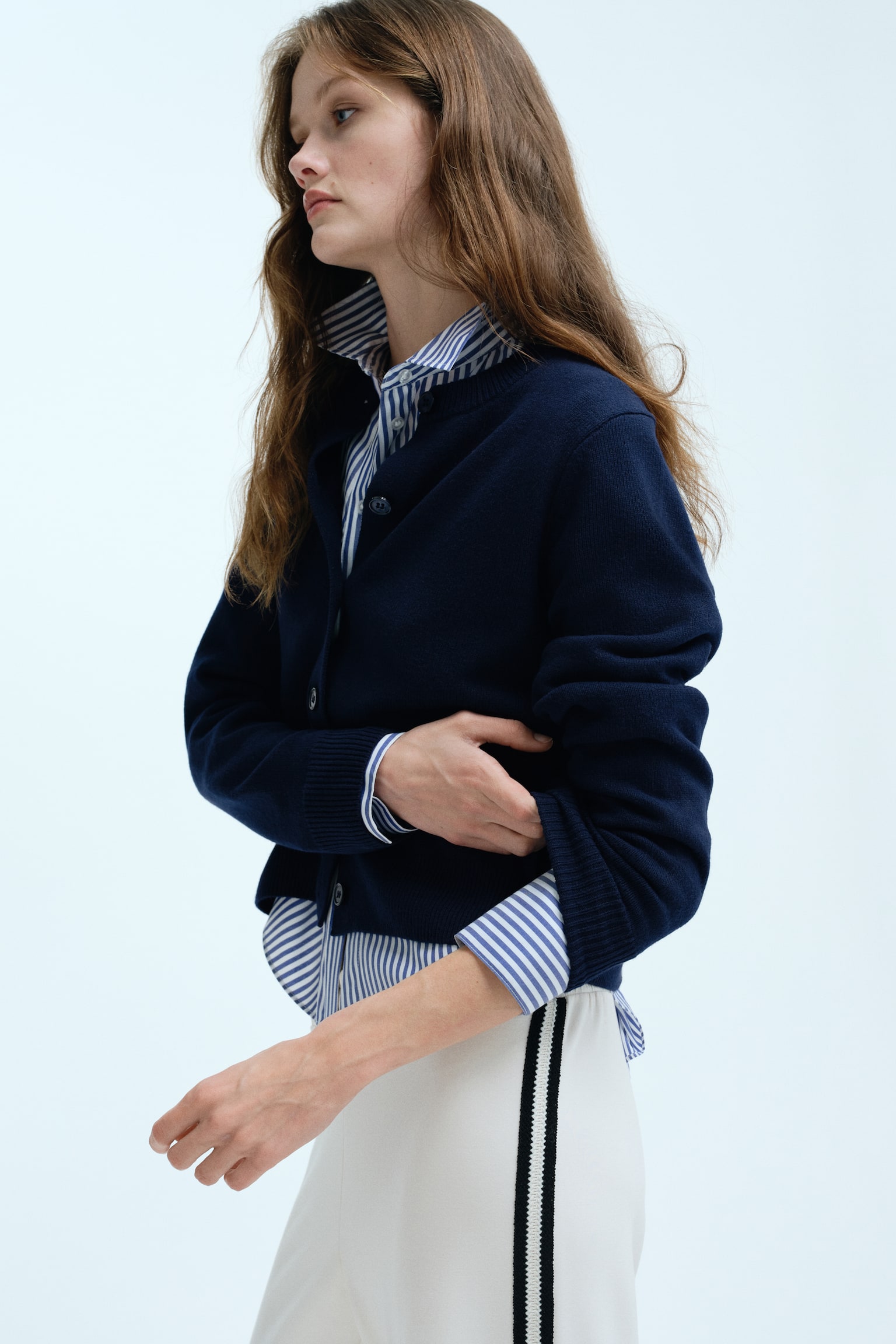 Cardigan in maglia fine - Blu navy/Beige chiaro - 1