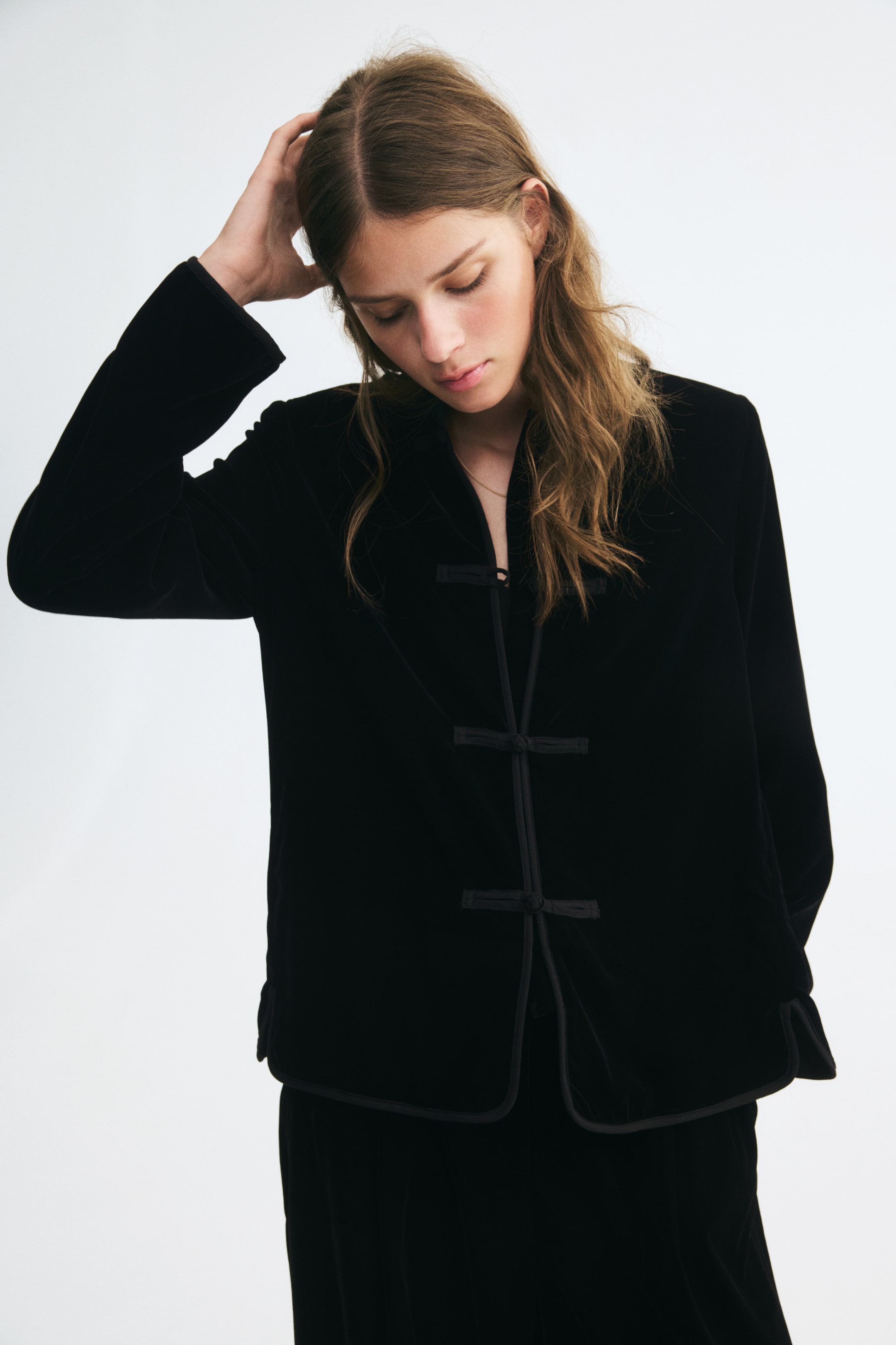Knot-Button Velvet Jacket