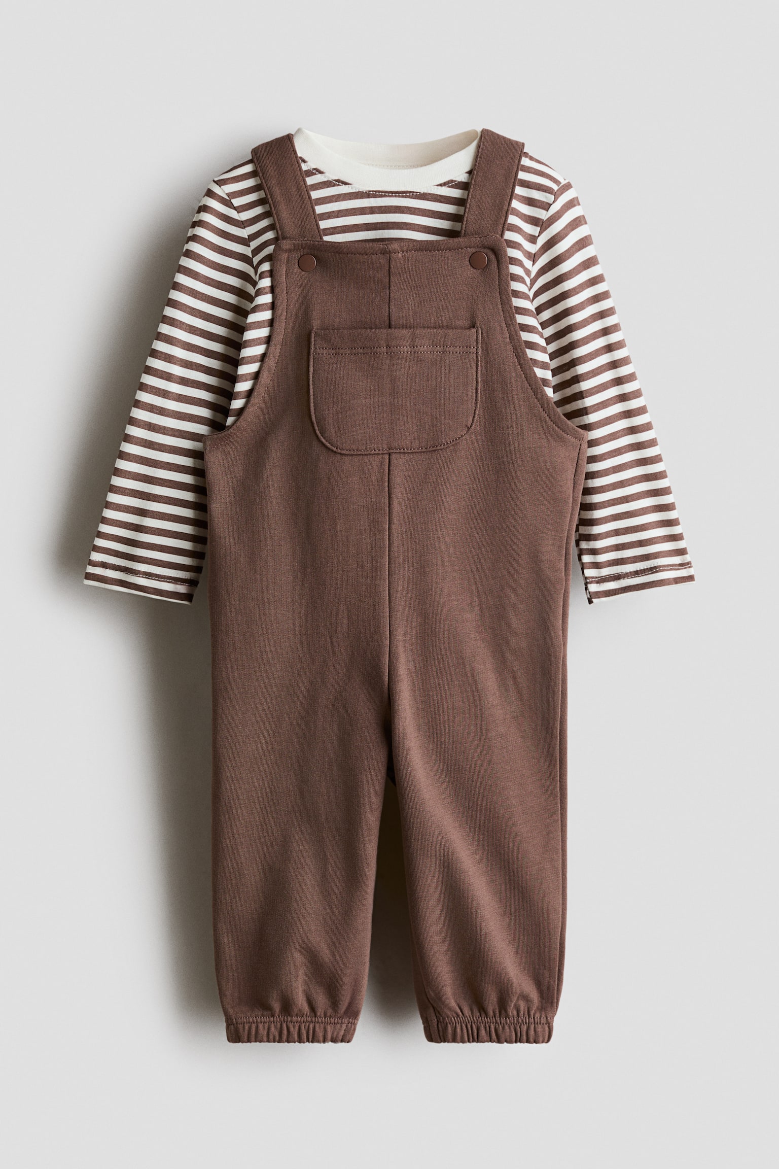 2-piece dungarees and top set - Brown/Striped/Dark grey/Dinosaurs