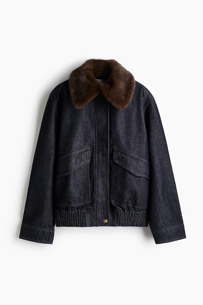 Fluffy-collar denim jacket - Dark denim blue - 1