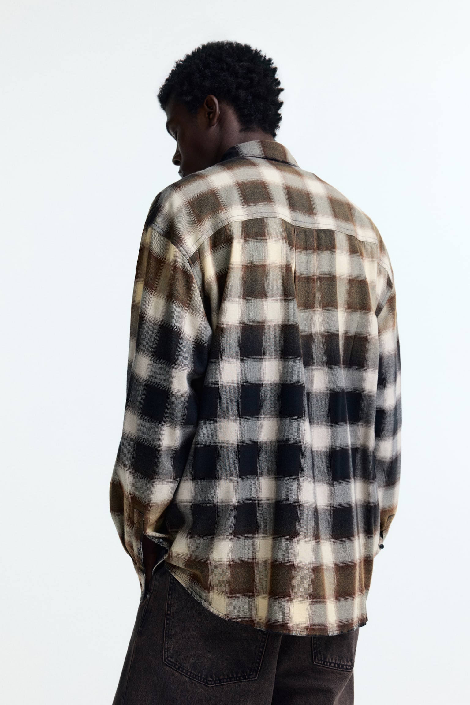 休閒剪裁棉質混紡襯衫 - 深咖啡色/格紋/藍色/格紋 - 3