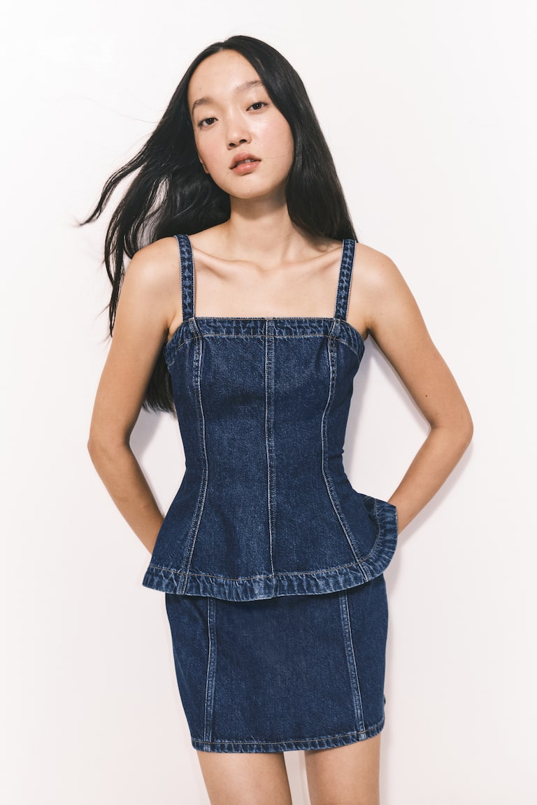 Women's Dark denim blue Denim Peplum Top | H&M US