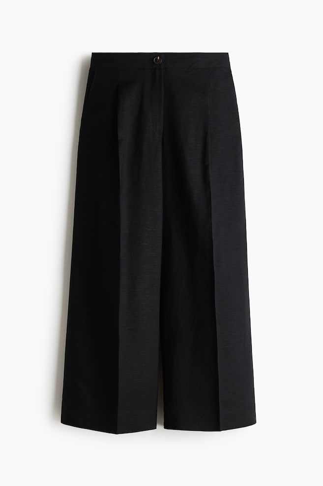 Ankle-Length Linen-Blend Pants - Black/Cream - 1