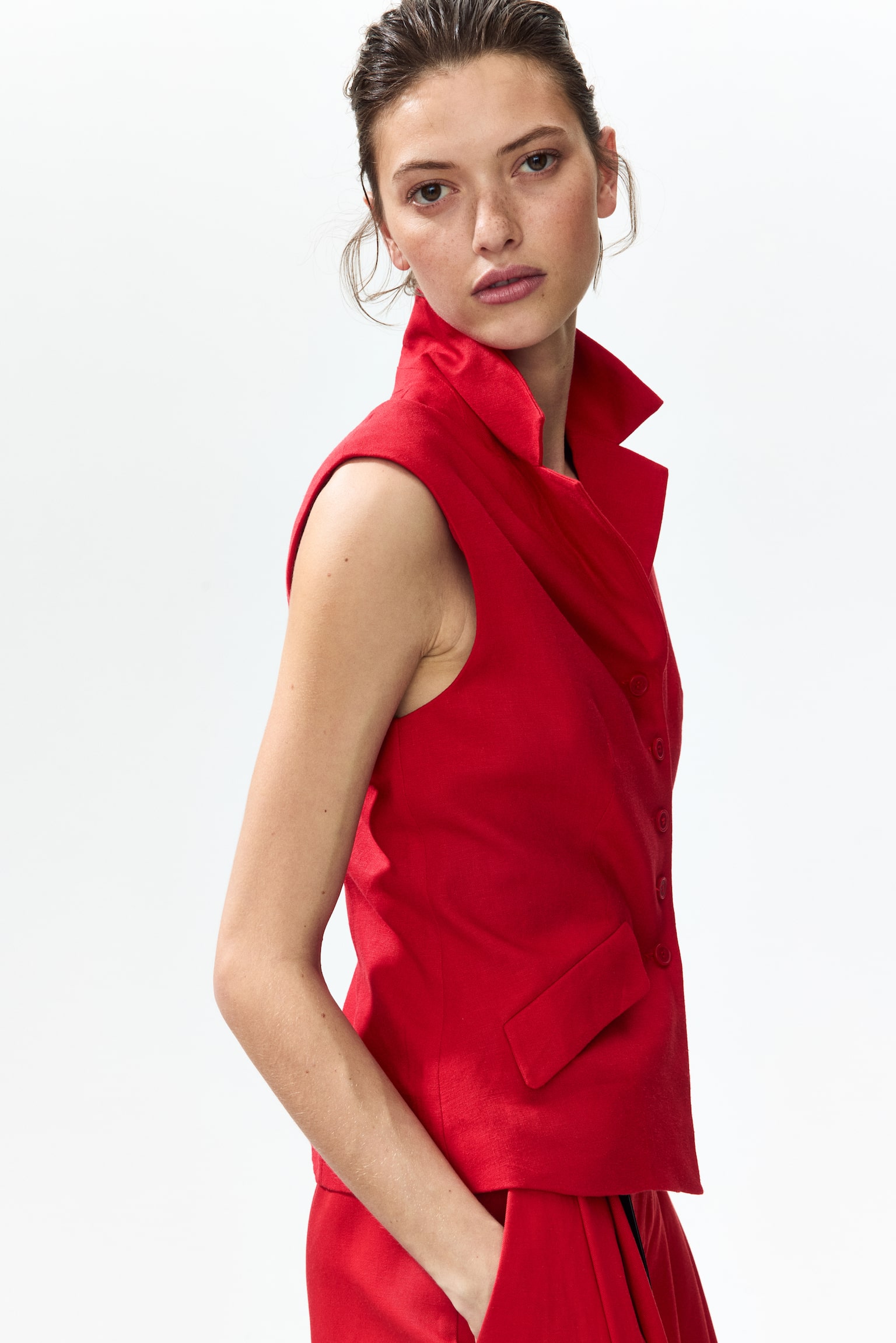 Linen-blend waistcoat - Red/Light beige - 6