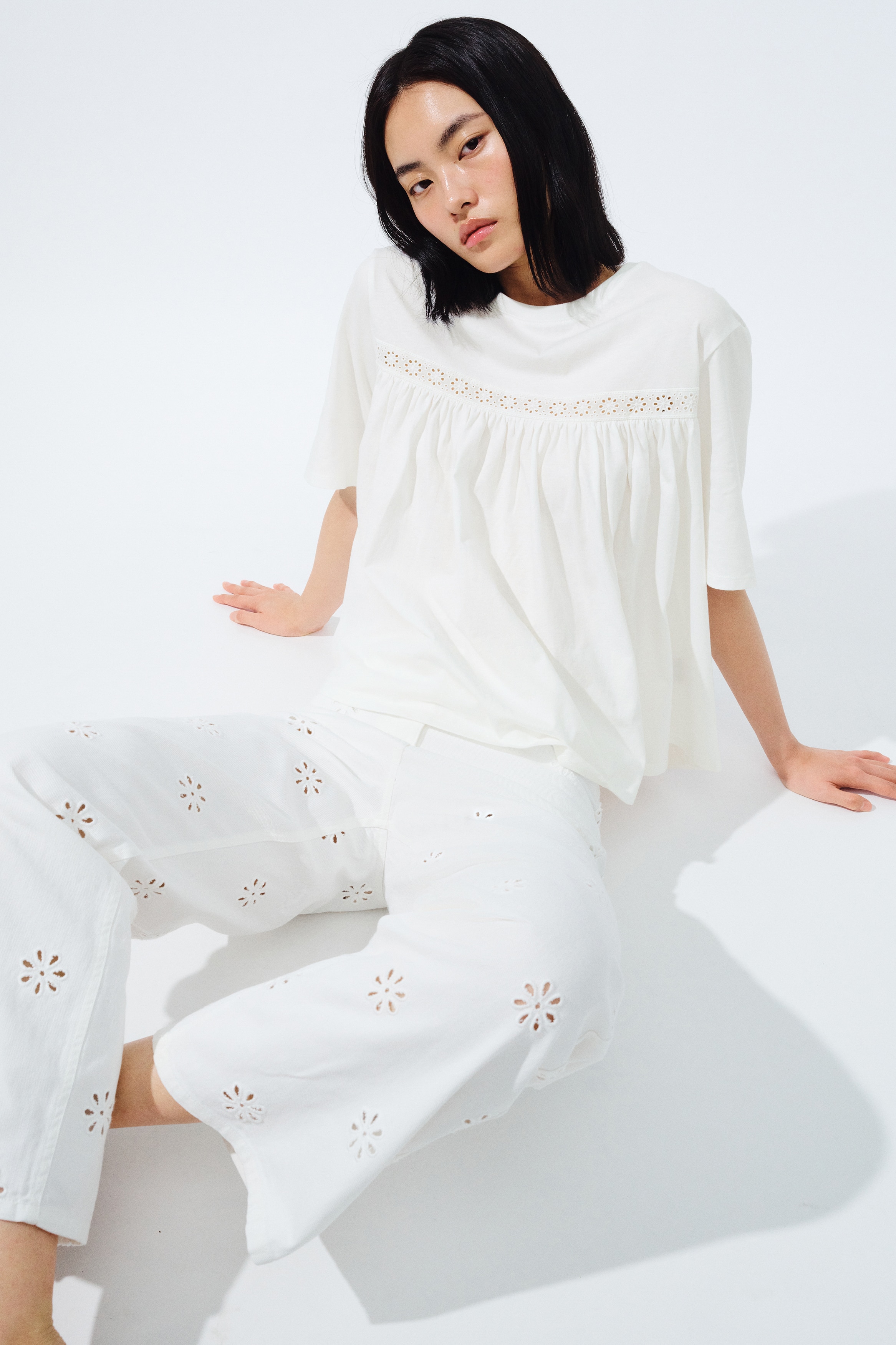 Women's White Lace-inset cotton top | H&M SG