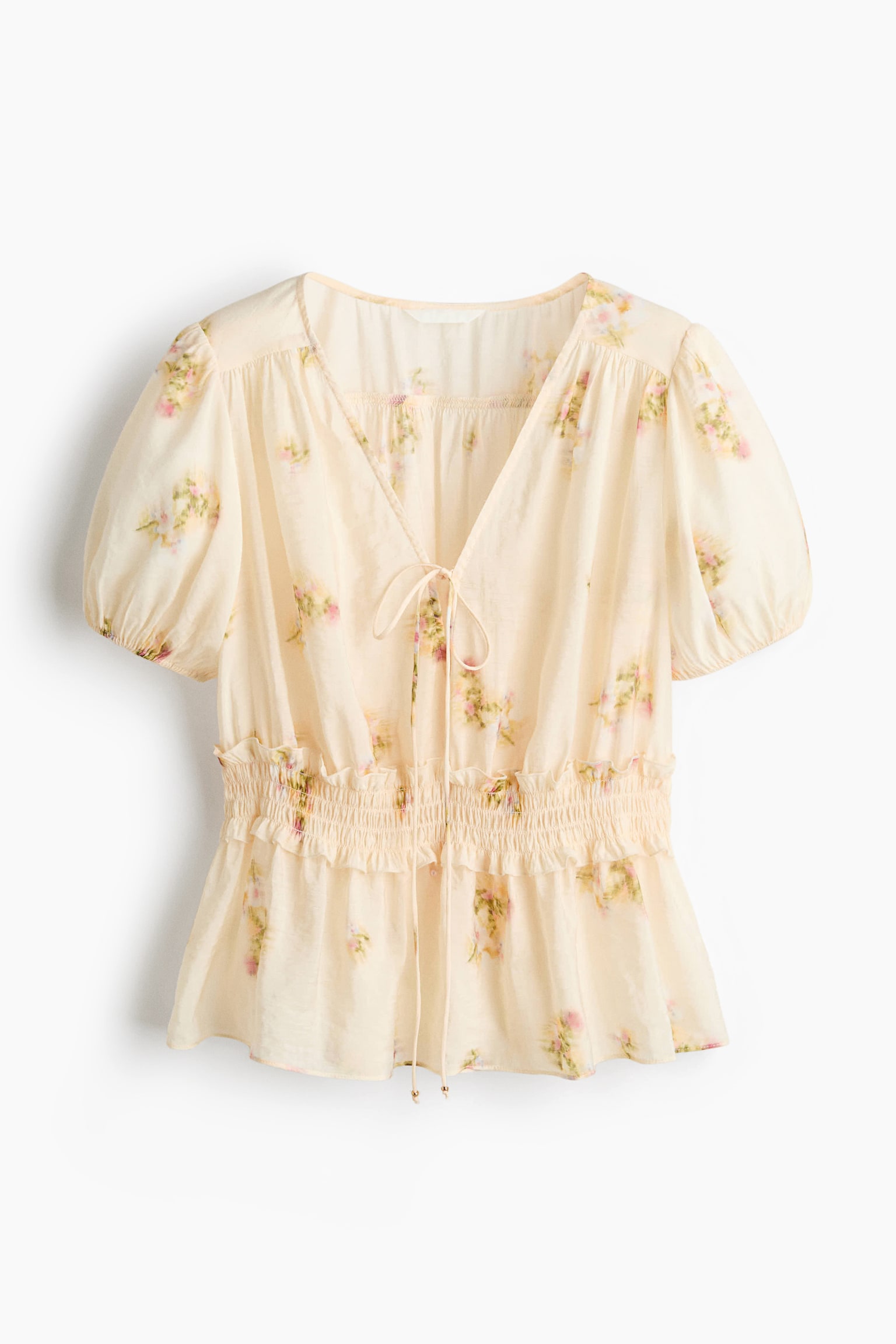 Bluză cu peplum și mâneci bufante - Bej-deschis/flori/Roz-deschis - 1