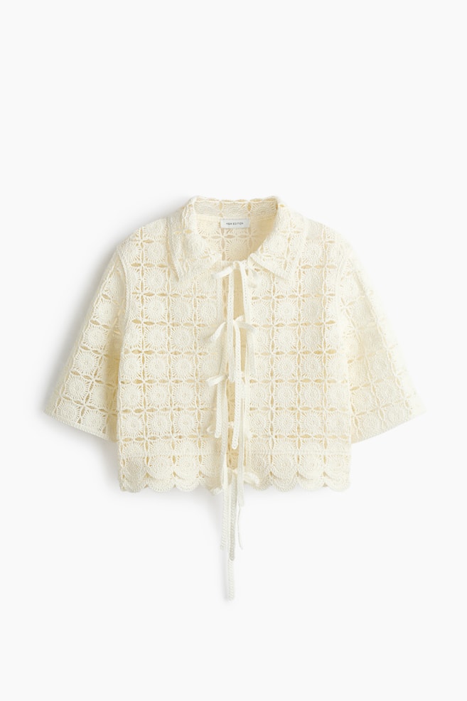 Tie-Front Crochet-Look Shirt - Cream - 1