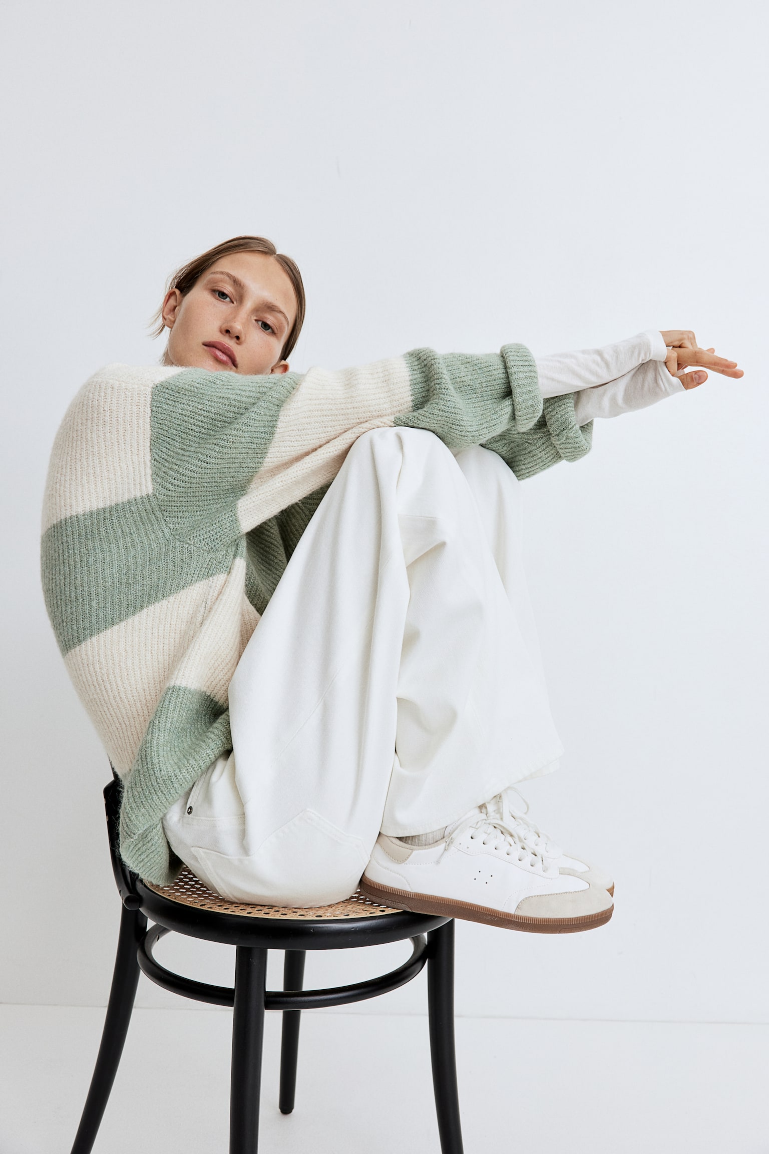 Rib-knit jumper - Light khaki green/Cream/Light beige marl/Light beige/Striped/Navy blue/Striped - 6